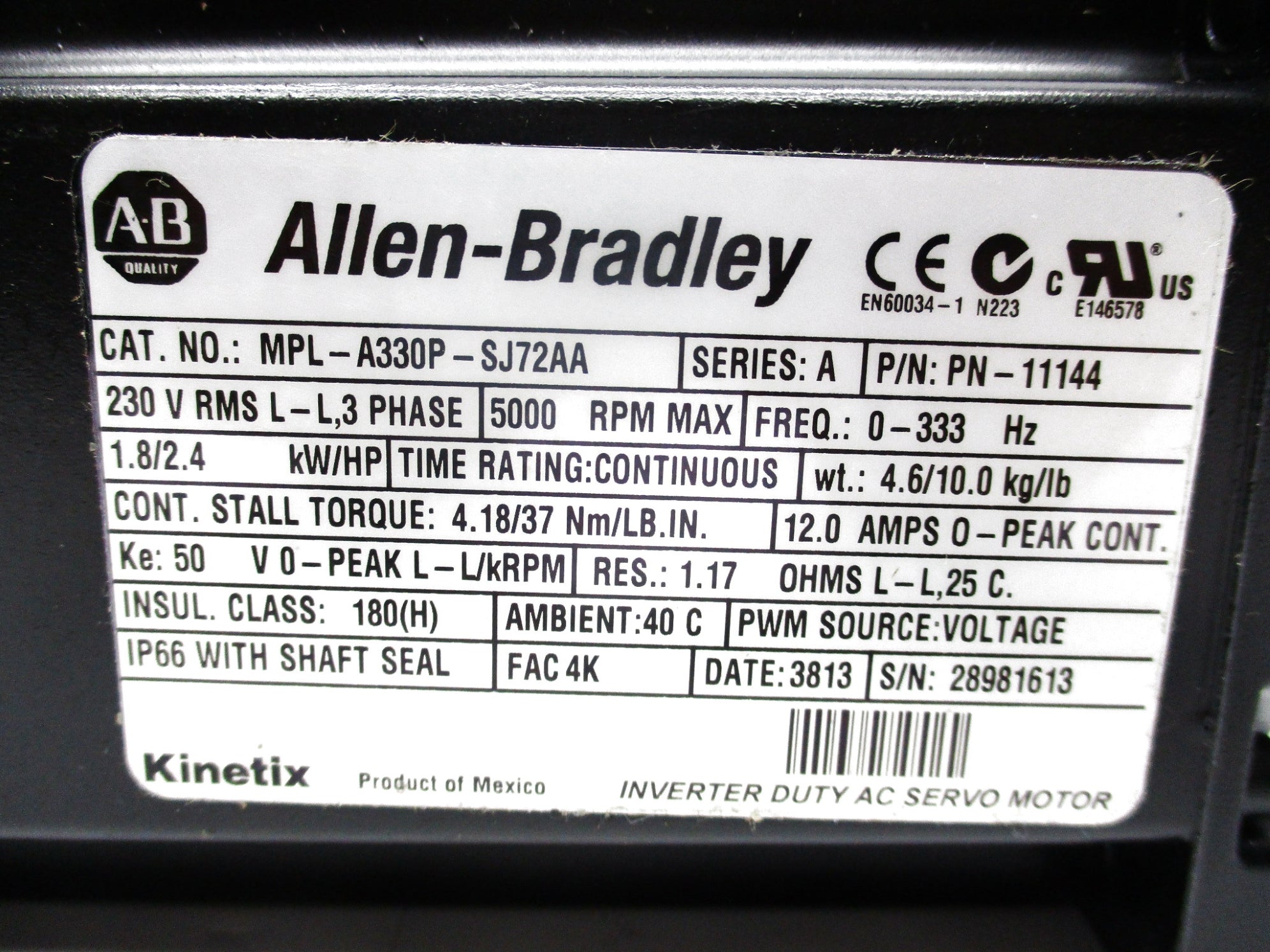 ALLEN BRADLEY MPL-A330P-SJ72AA SER. A NSMP