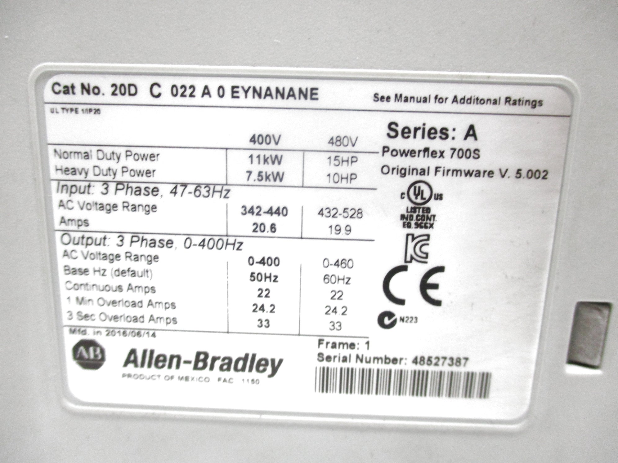 ALLEN BRADLEY 20DC022A0EYNANANE SER. A NSNP