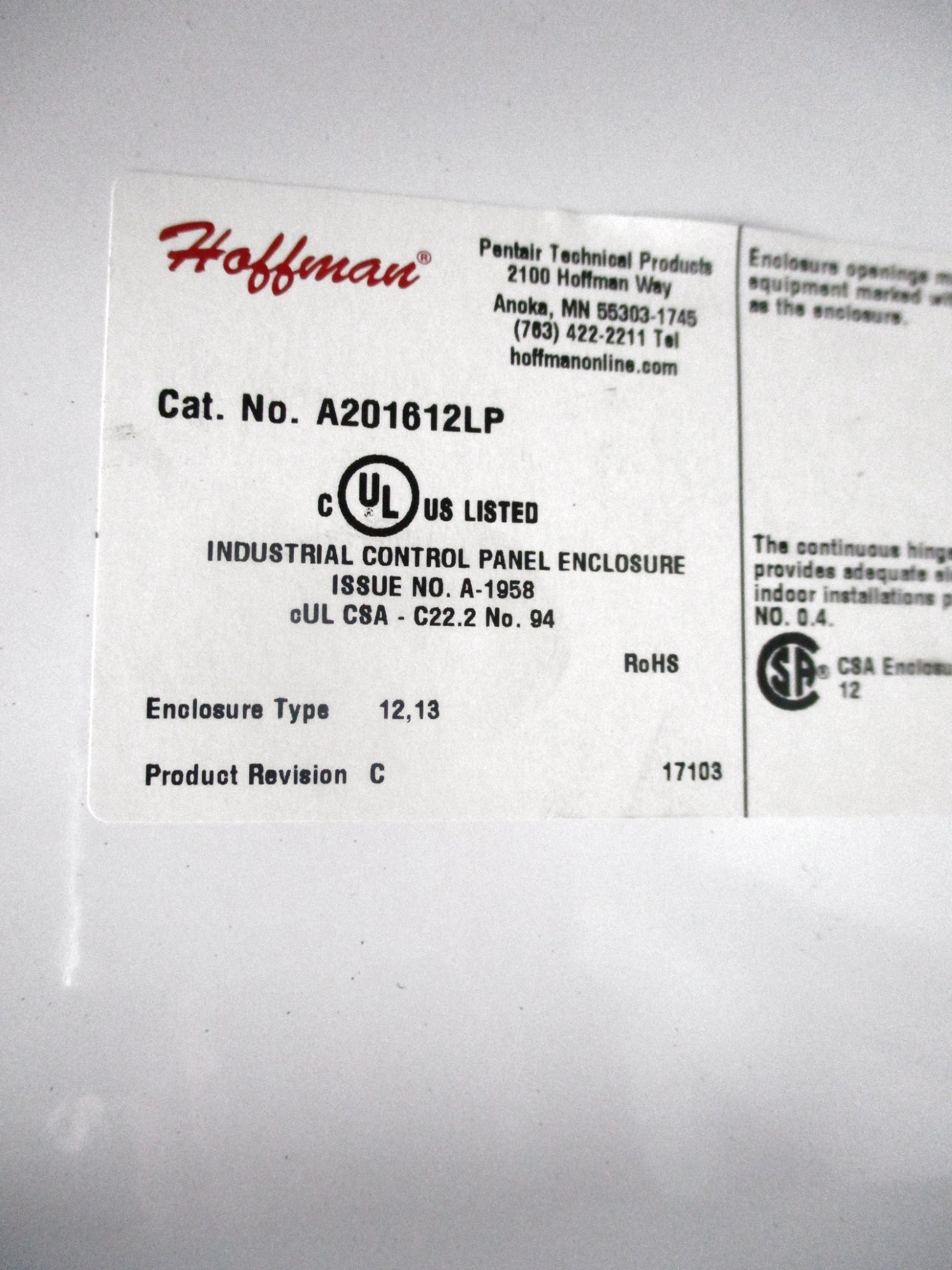 HOFFMAN A201612LP NSMP