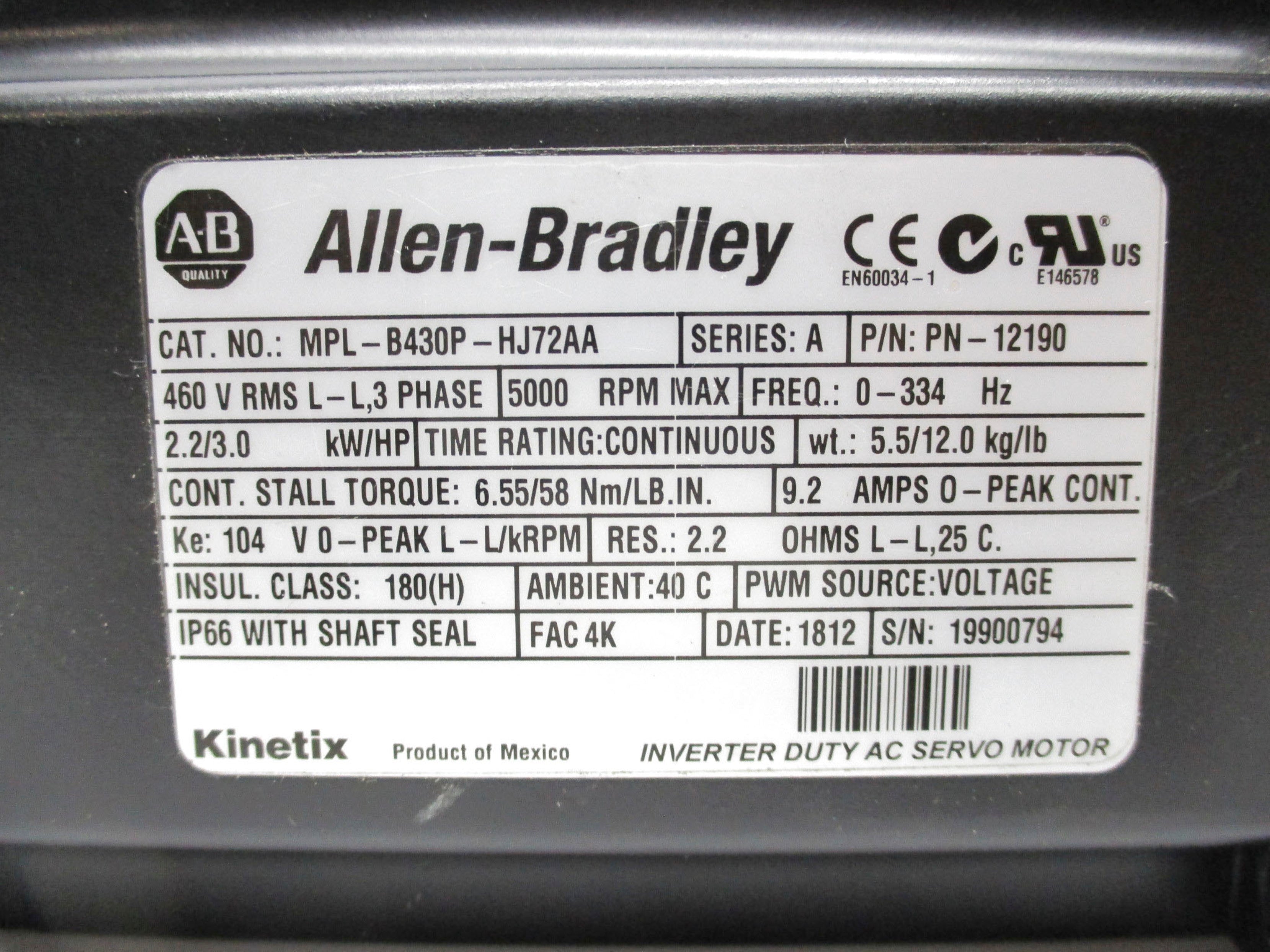 ALLEN BRADLEY MPL-B430P-HJ72AA SER. A UNMP