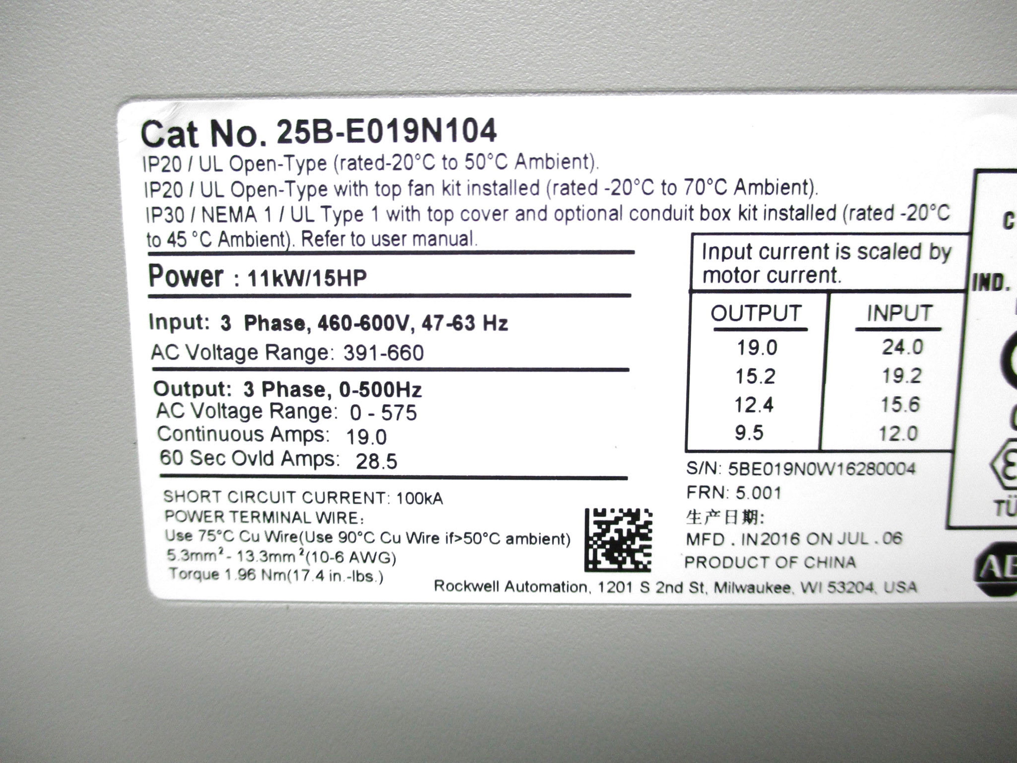 ALLEN BRADLEY 25B-E019N104 SER. A NSMP