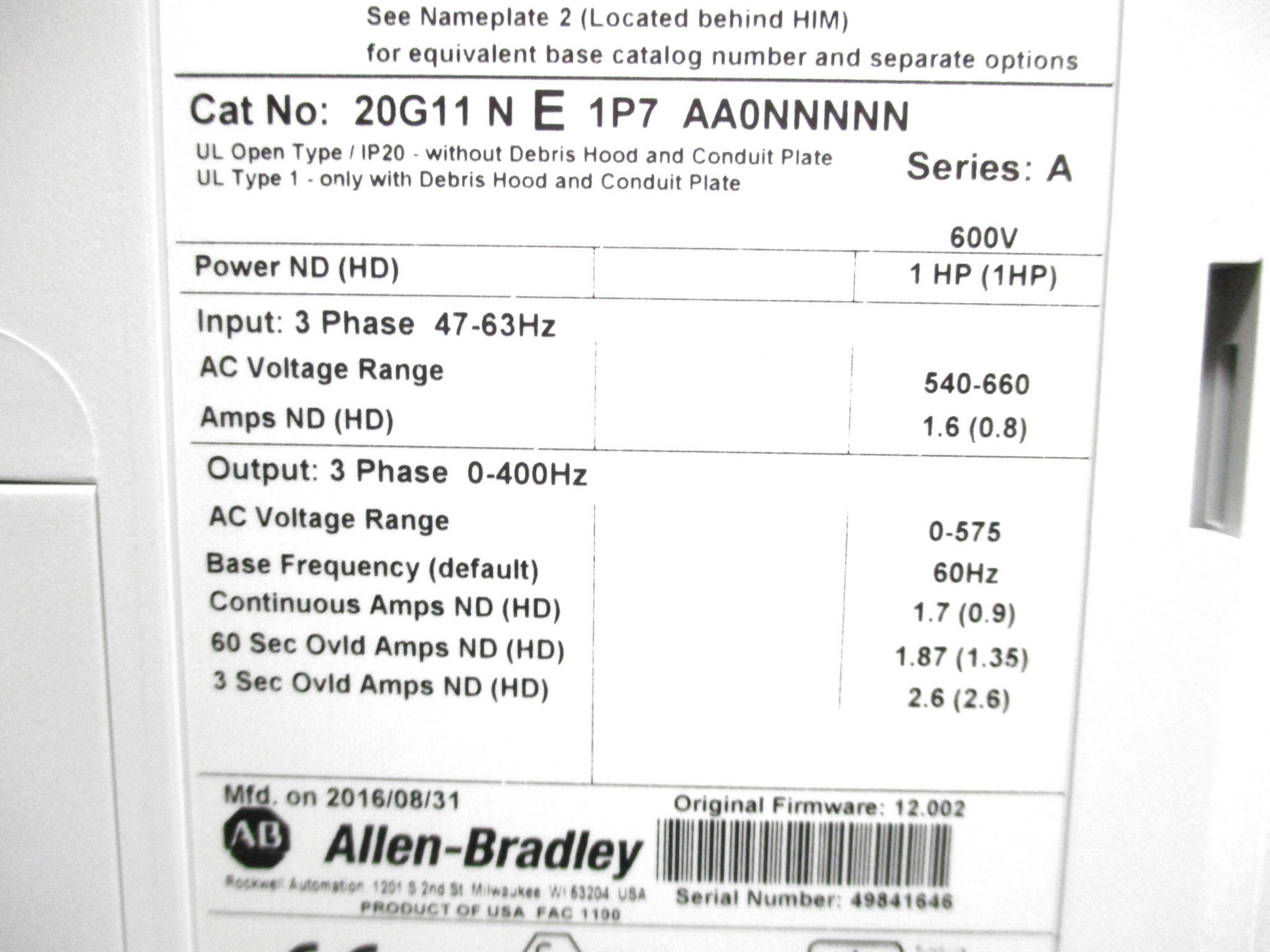 ALLEN BRADLEY 20G11NE1P7AA0NNNNN F/W 12.002 SER. A NSMP