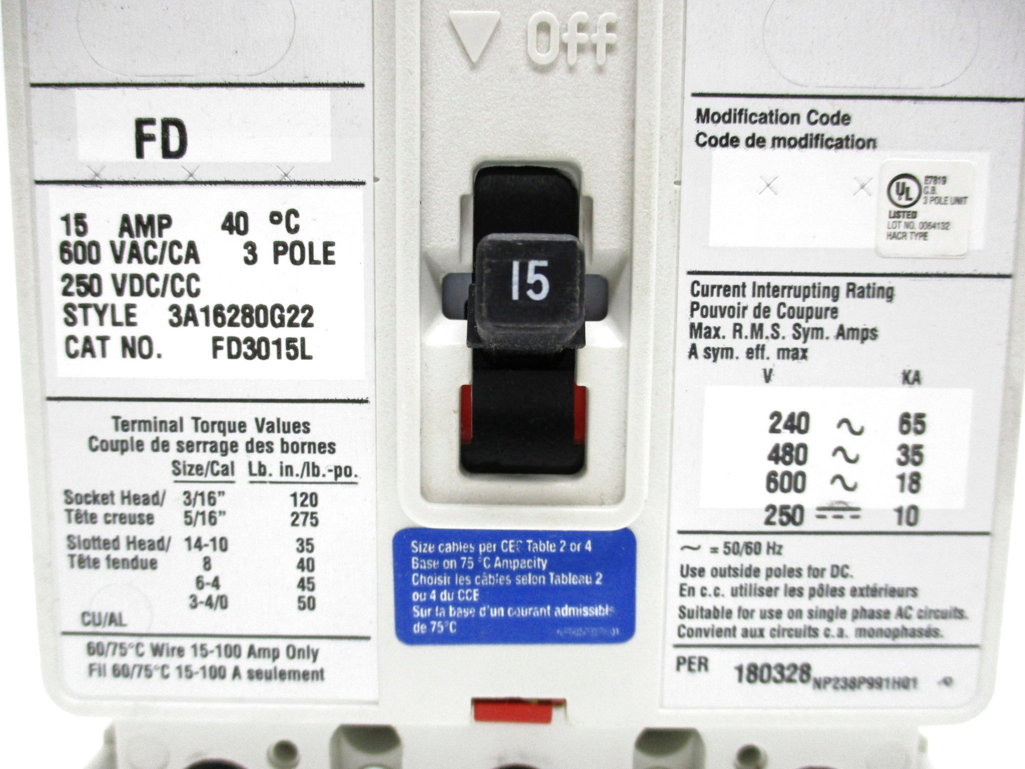 EATON FD3015L SER. C 15A 600VAC NSMP
