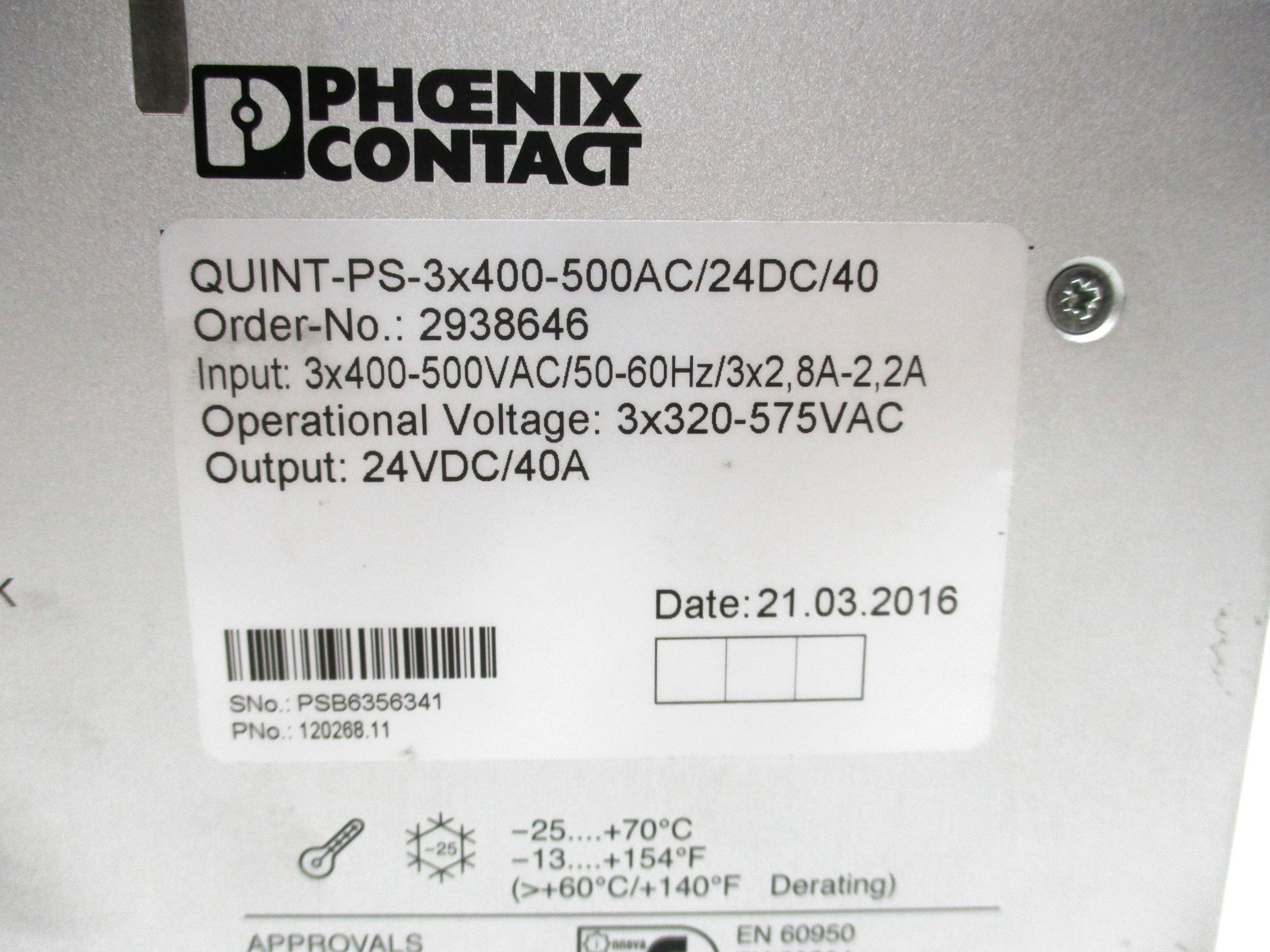 PHOENIX CONTACT QUINT-PS-3X400-500AC/24DC/40 2938646 400-500VAC 2.8-2.2A NSNP
