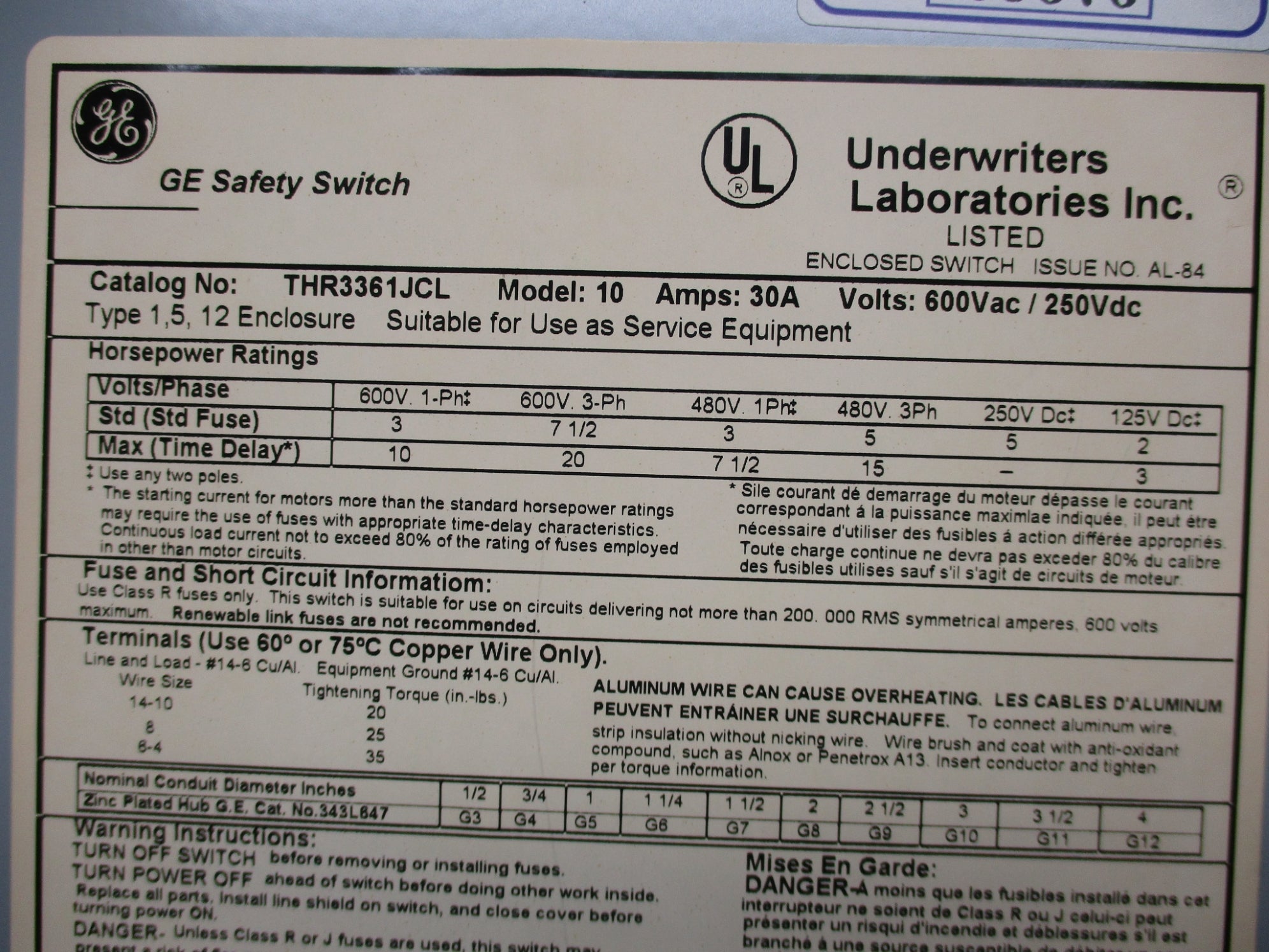 GENERAL ELECTRIC THR3361JCL UNMP