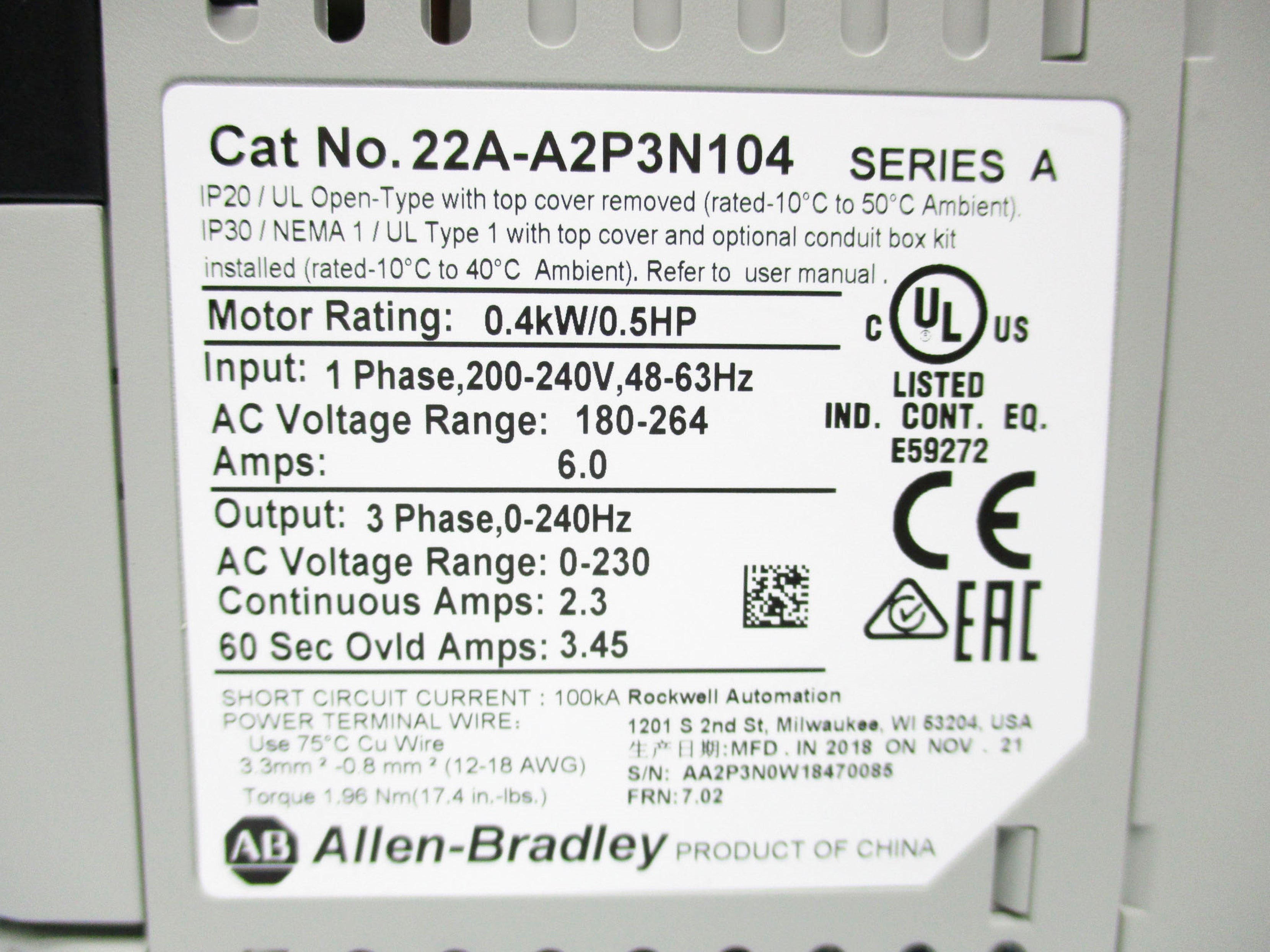 ALLEN BRADLEY 22A-A2P3N104 SER. A NSMP