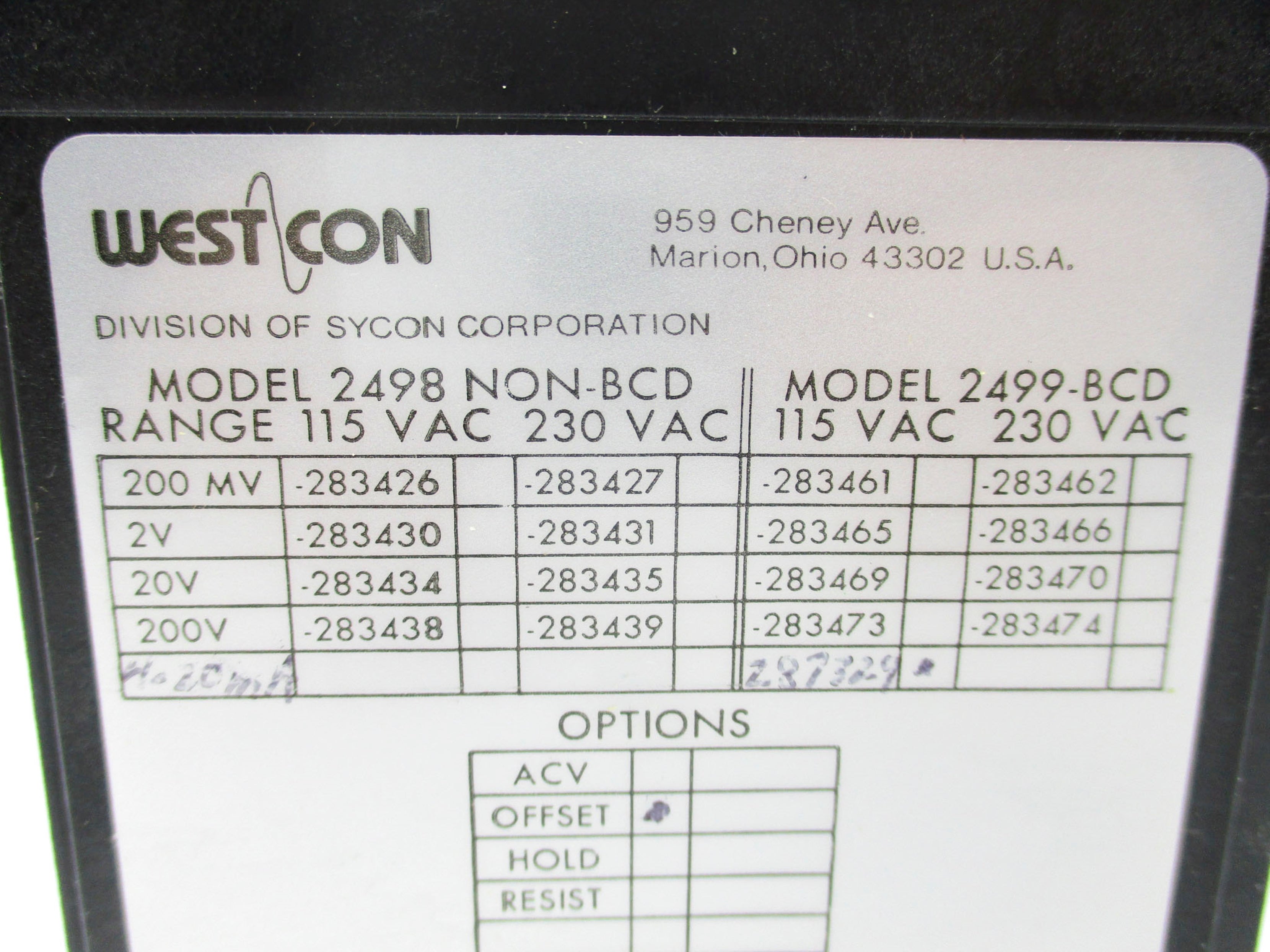 WESTCON 2499-0287329 115VAC UNMP