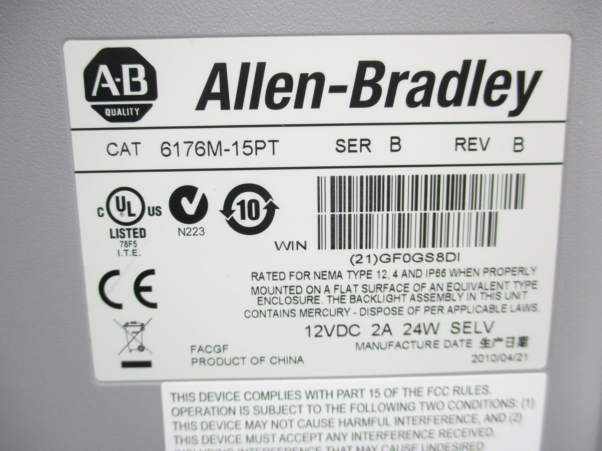 ALLEN BRADLEY 6176M-15PT SER. B REV. B NSMP