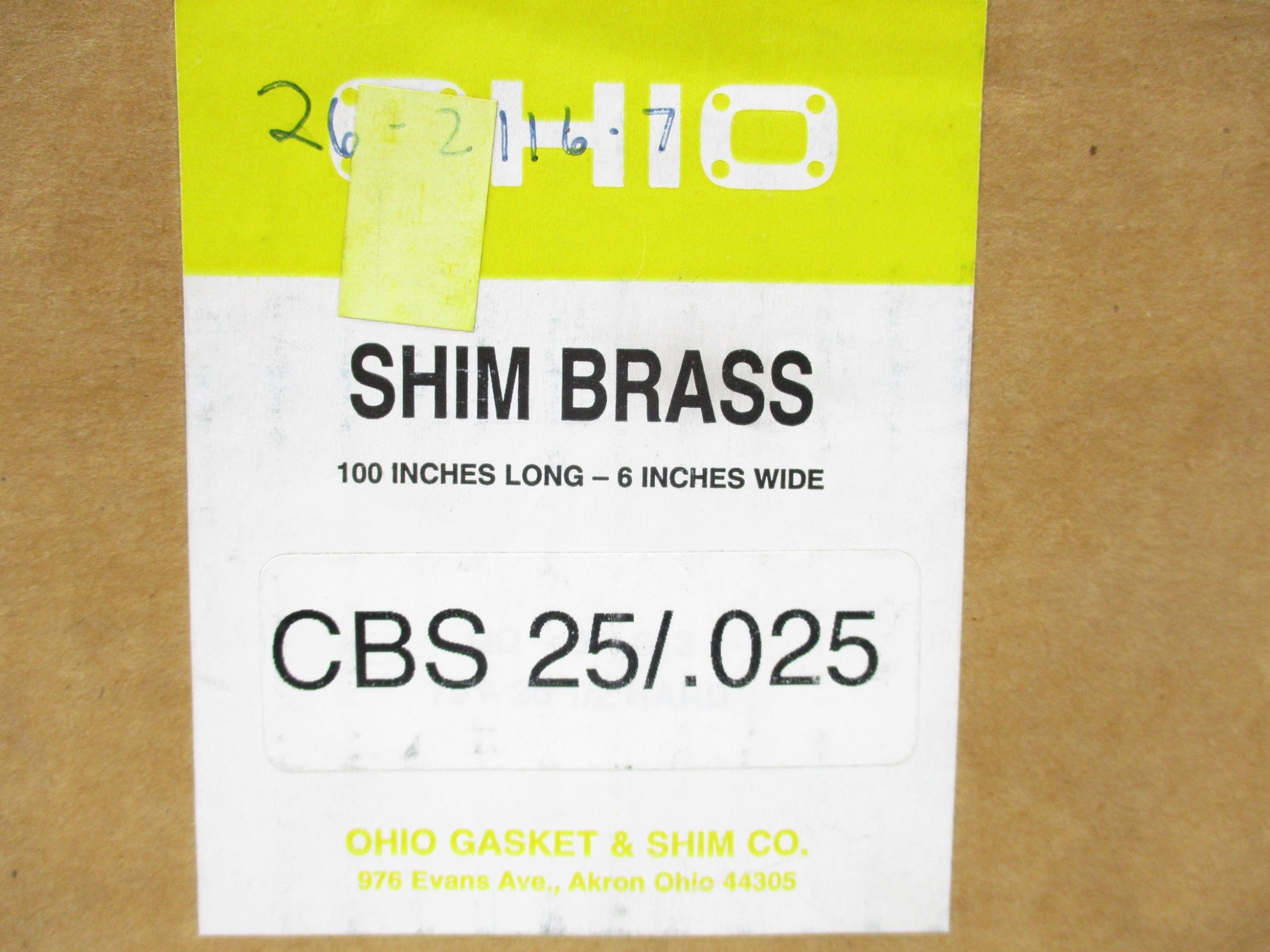 OHIO GASKET & SHIM CBS25/.025 NSMP