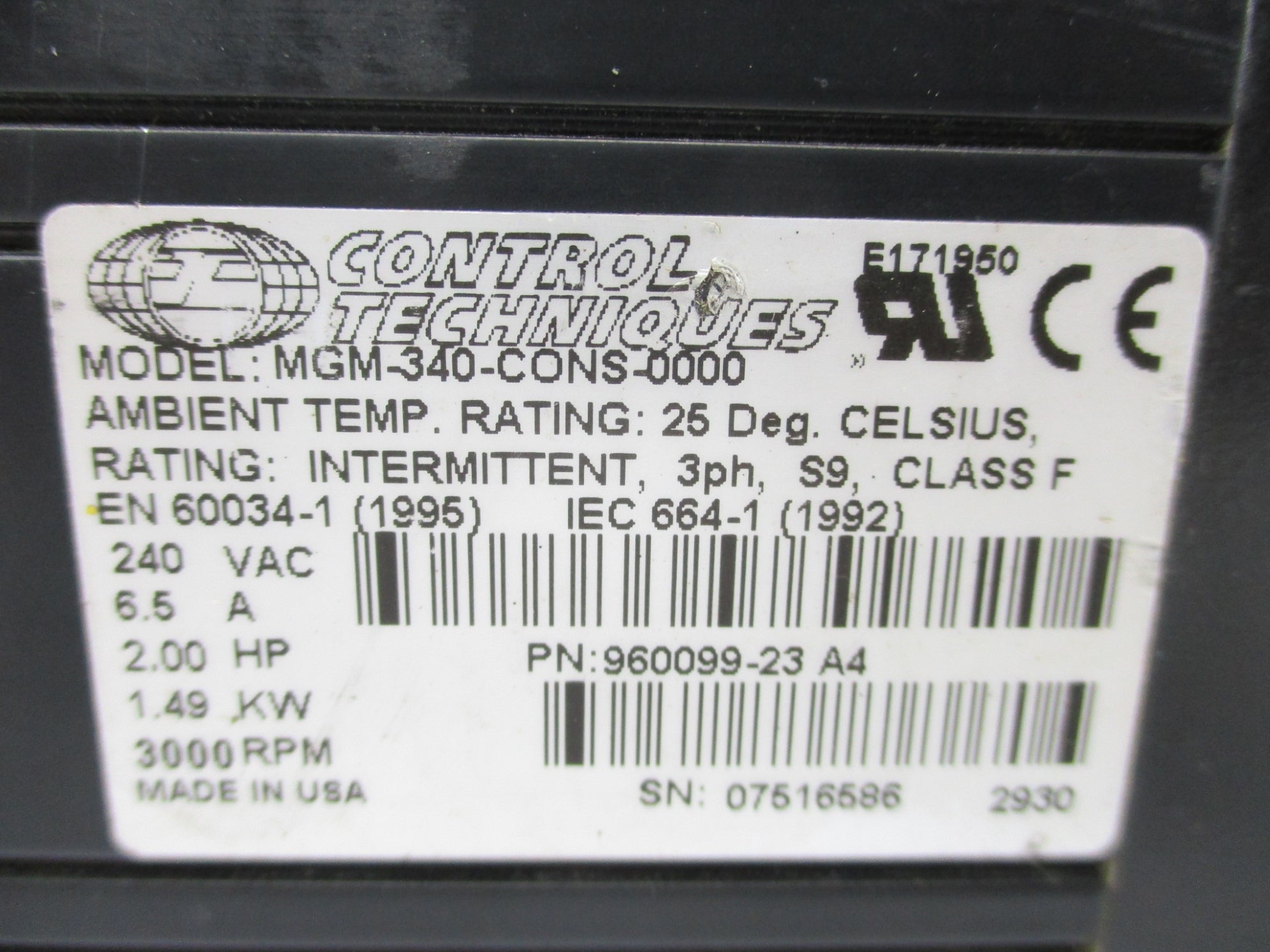 CONTROL TECHNIQUES MGM-340-CONS-0000 (AS PICTURED) UNMP
