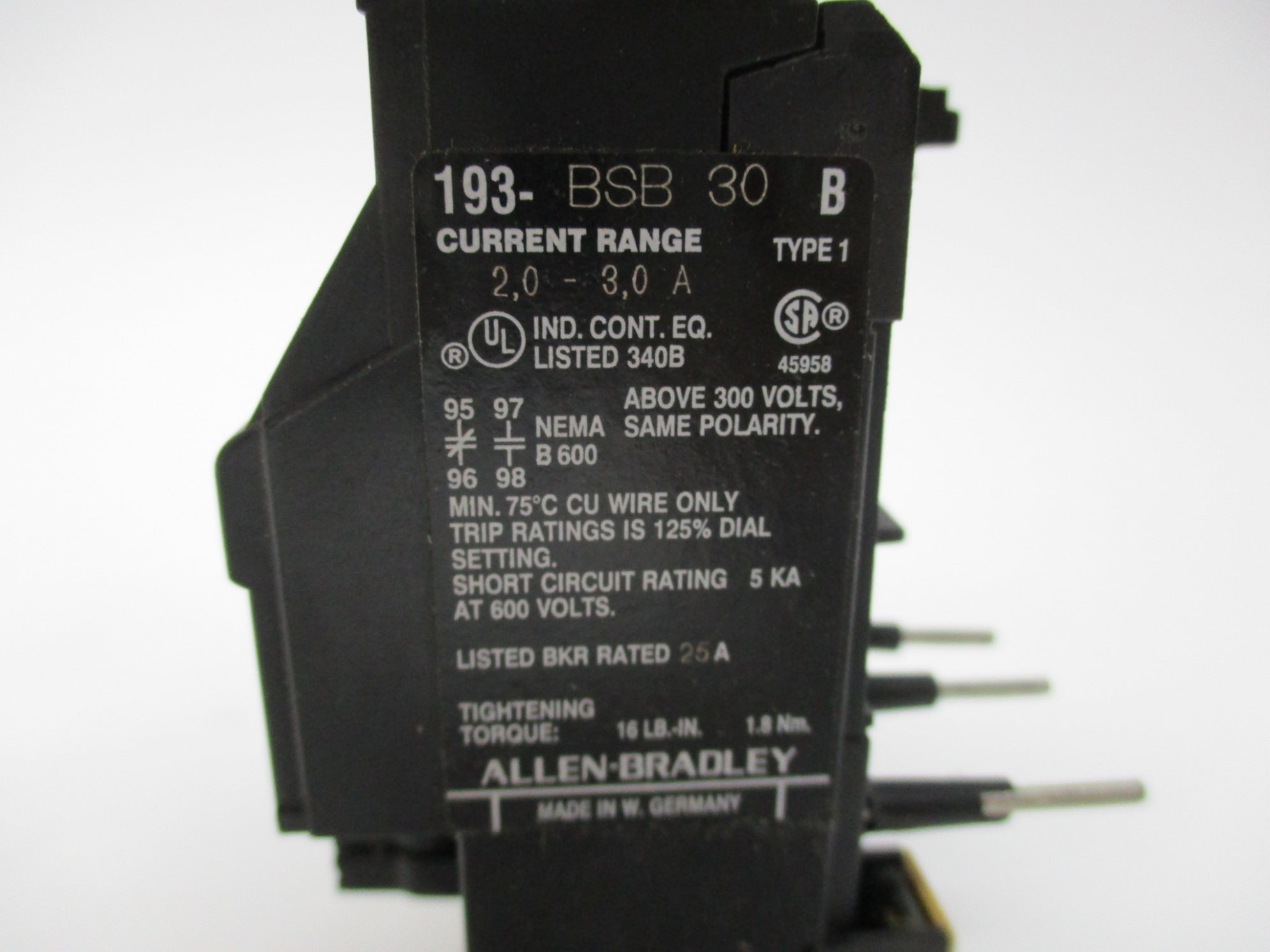ALLEN BRADLEY 193-BSB30 SER. B 600V 2.0-3.0A (BK/YL) NSMP