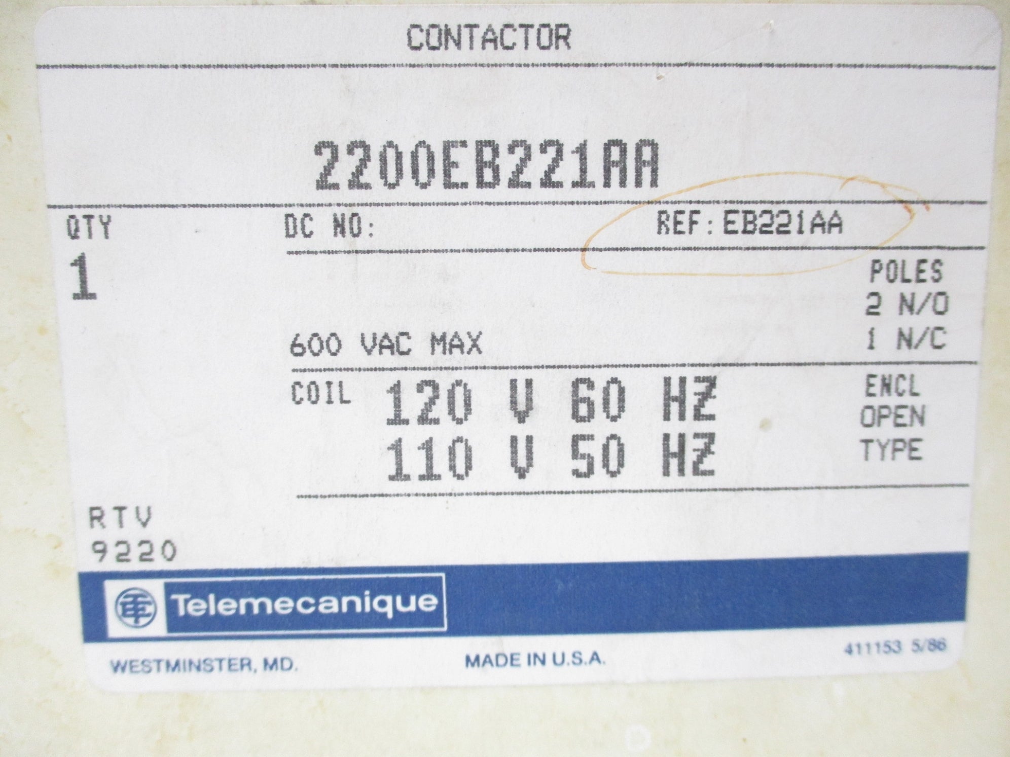 TELEMECANIQUE 2200EB221AA 110V NSMP