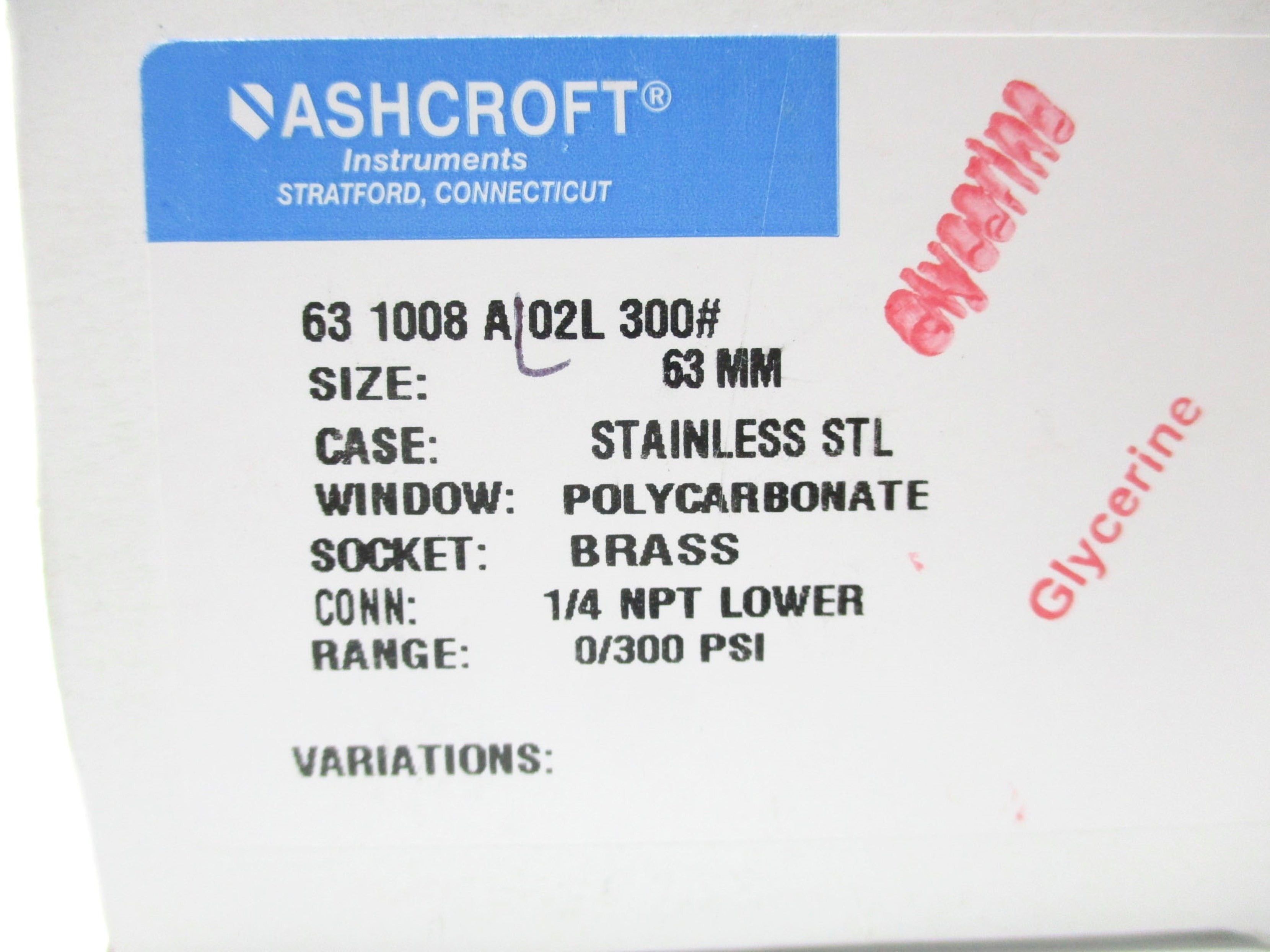ASHCROFT 631008A02L300# 300PSI 63MM NSMP