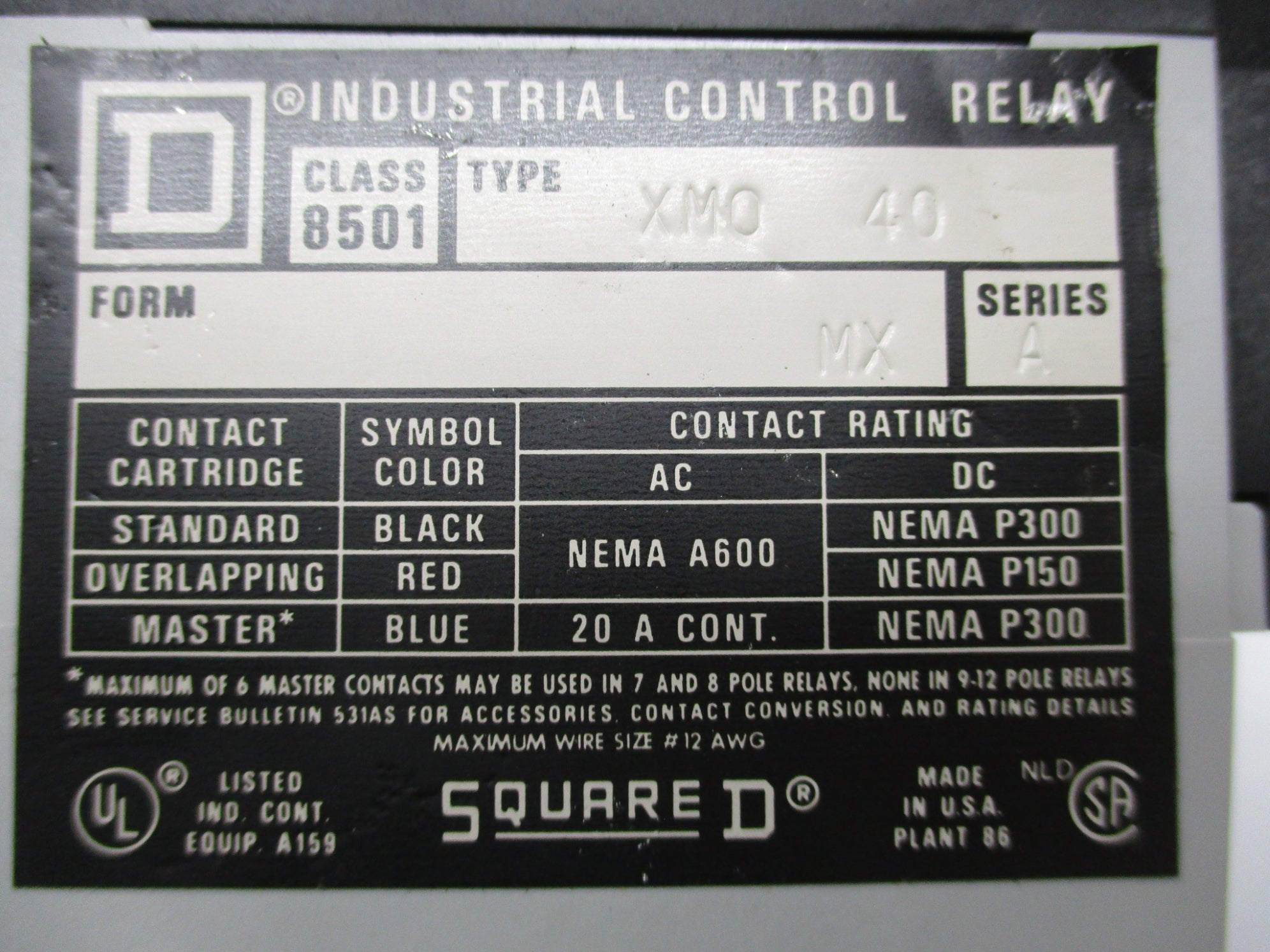 SQUARE D 8501XMO40V02 SER. A 110/120V NSNP