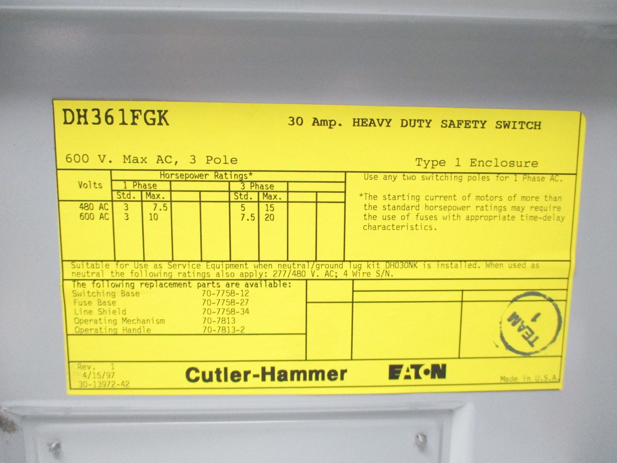 CUTLER HAMMER DH361FGK (AS PICTURED) NSMP
