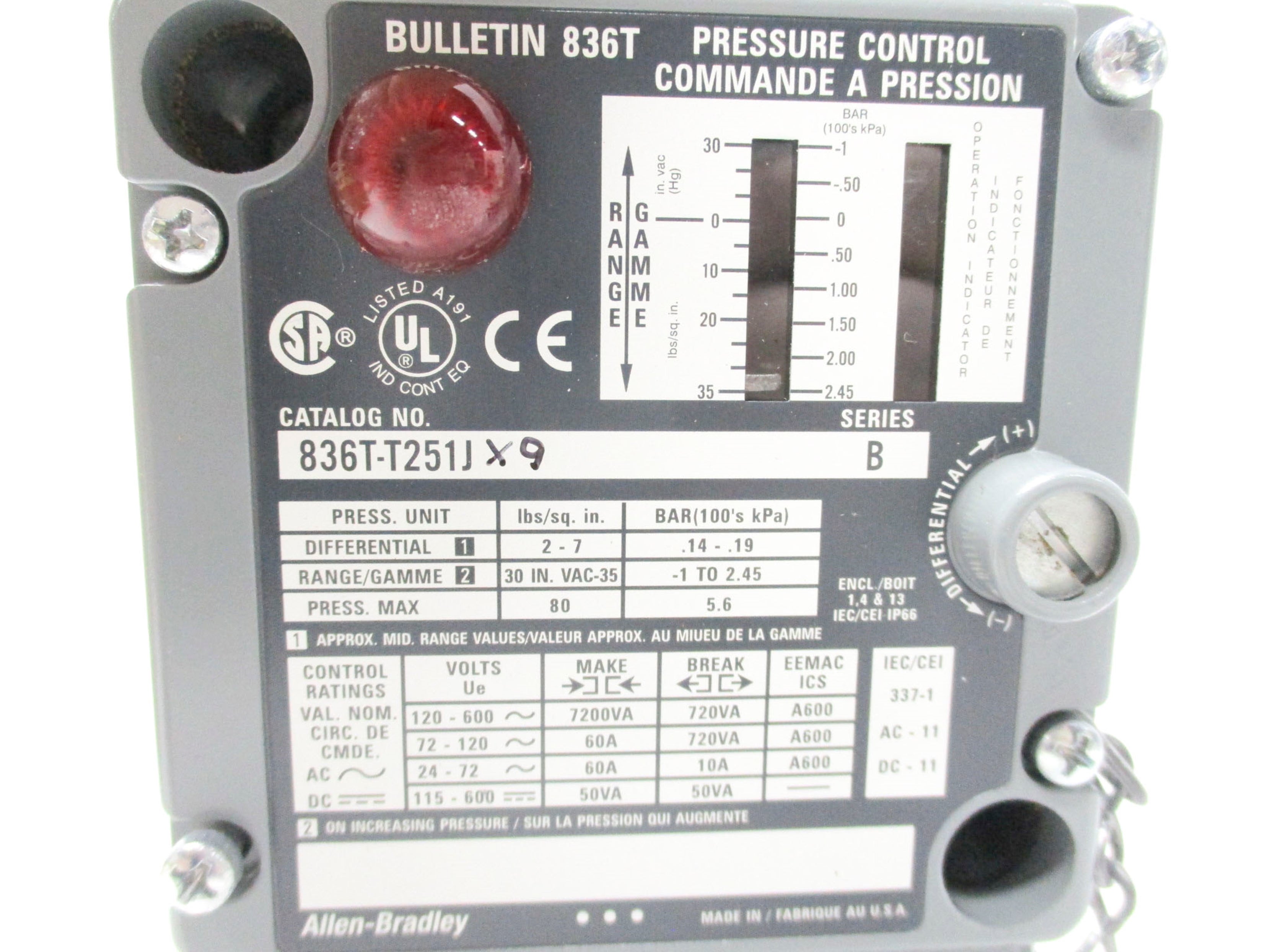 INDUSTRIAL SPARE PART 836T-T251JX9 SER. B 120-600VAC 60A 2-7PSI (BR/WH) NSMP