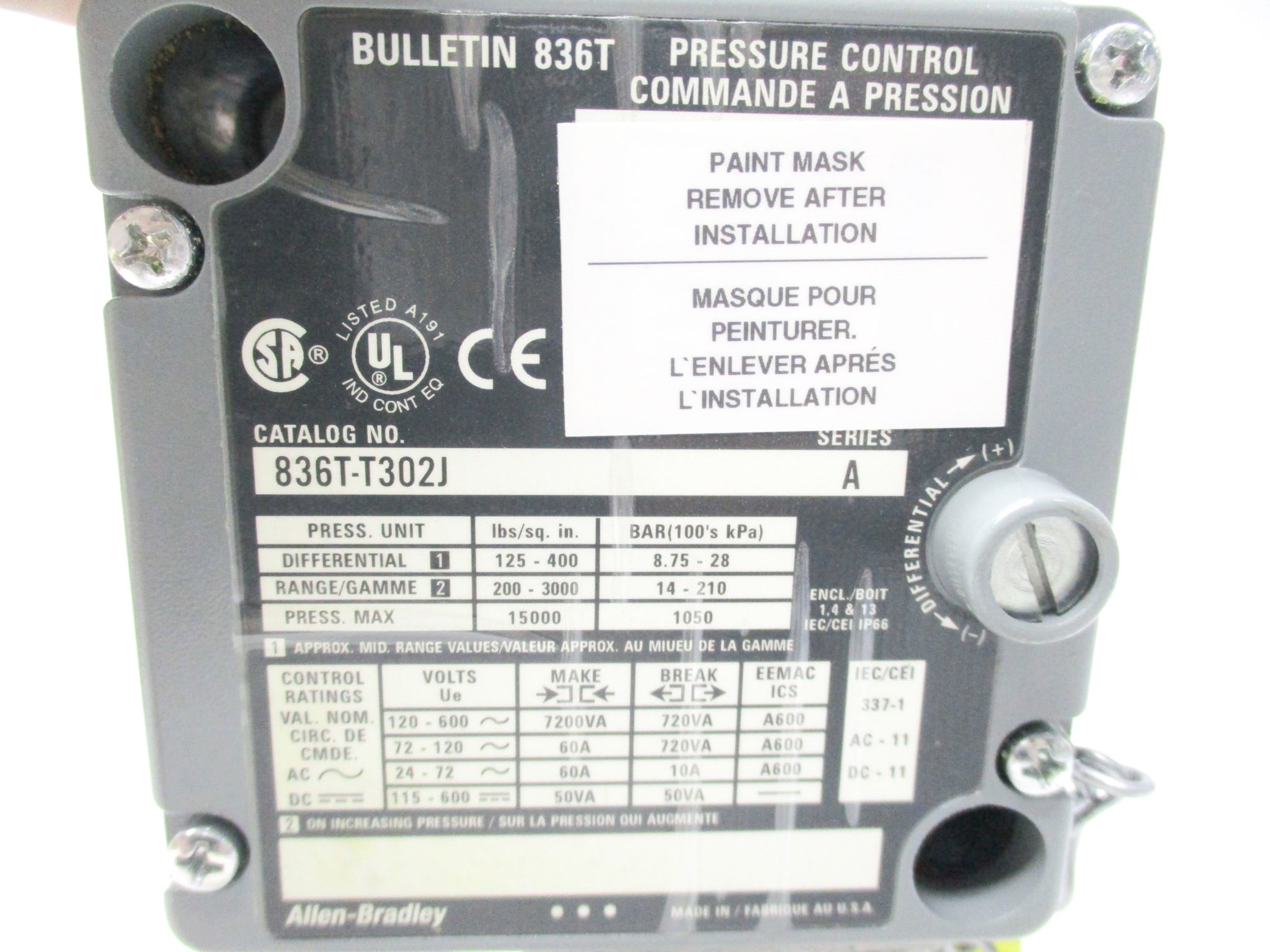 ALLEN BRADLEY 836T-T302J SER. A 200-3000PSI (BR/WH) NSMP