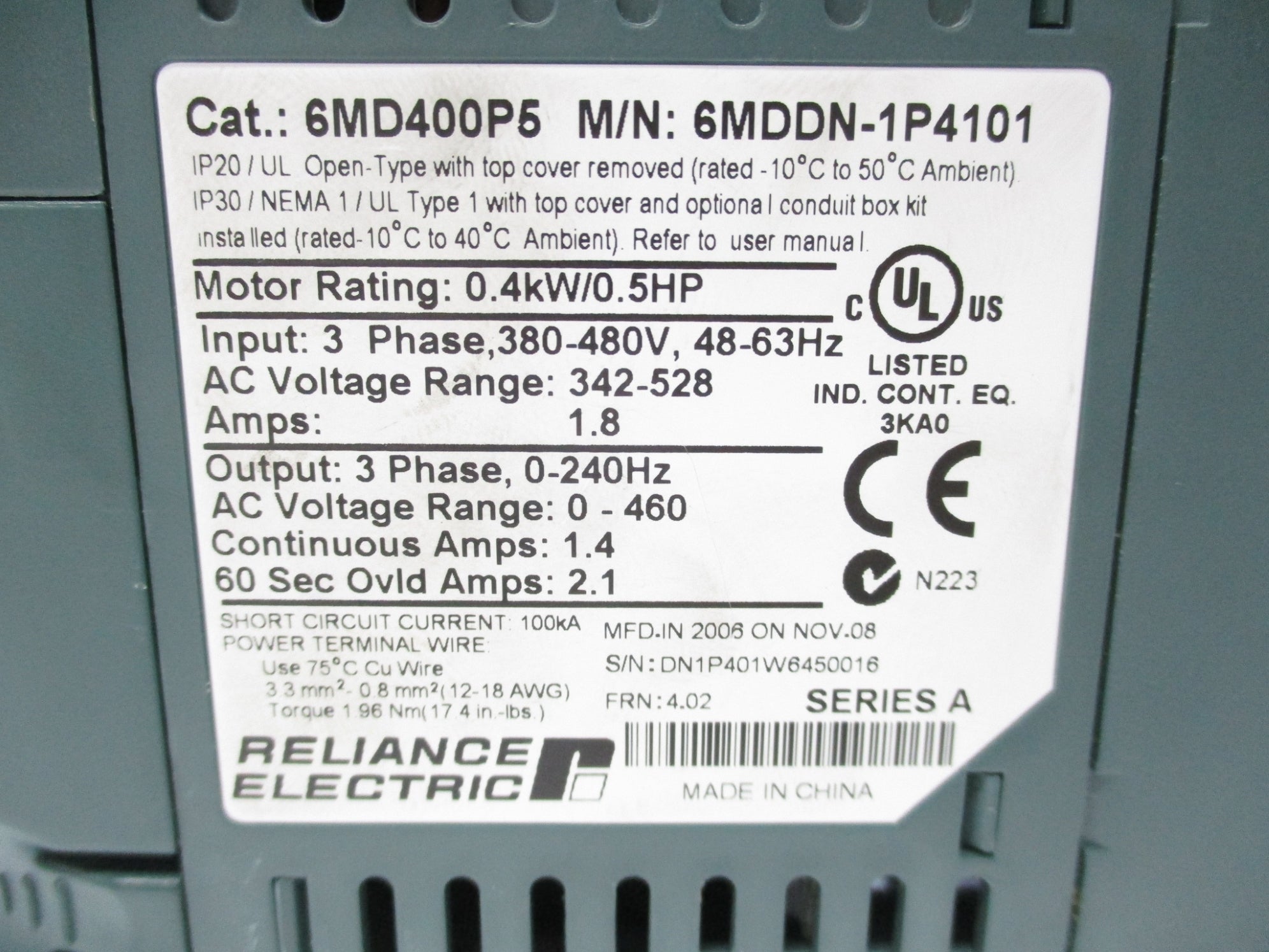 RELIANCE ELECRTRIC 6MD400P5 SER. A UNMP
