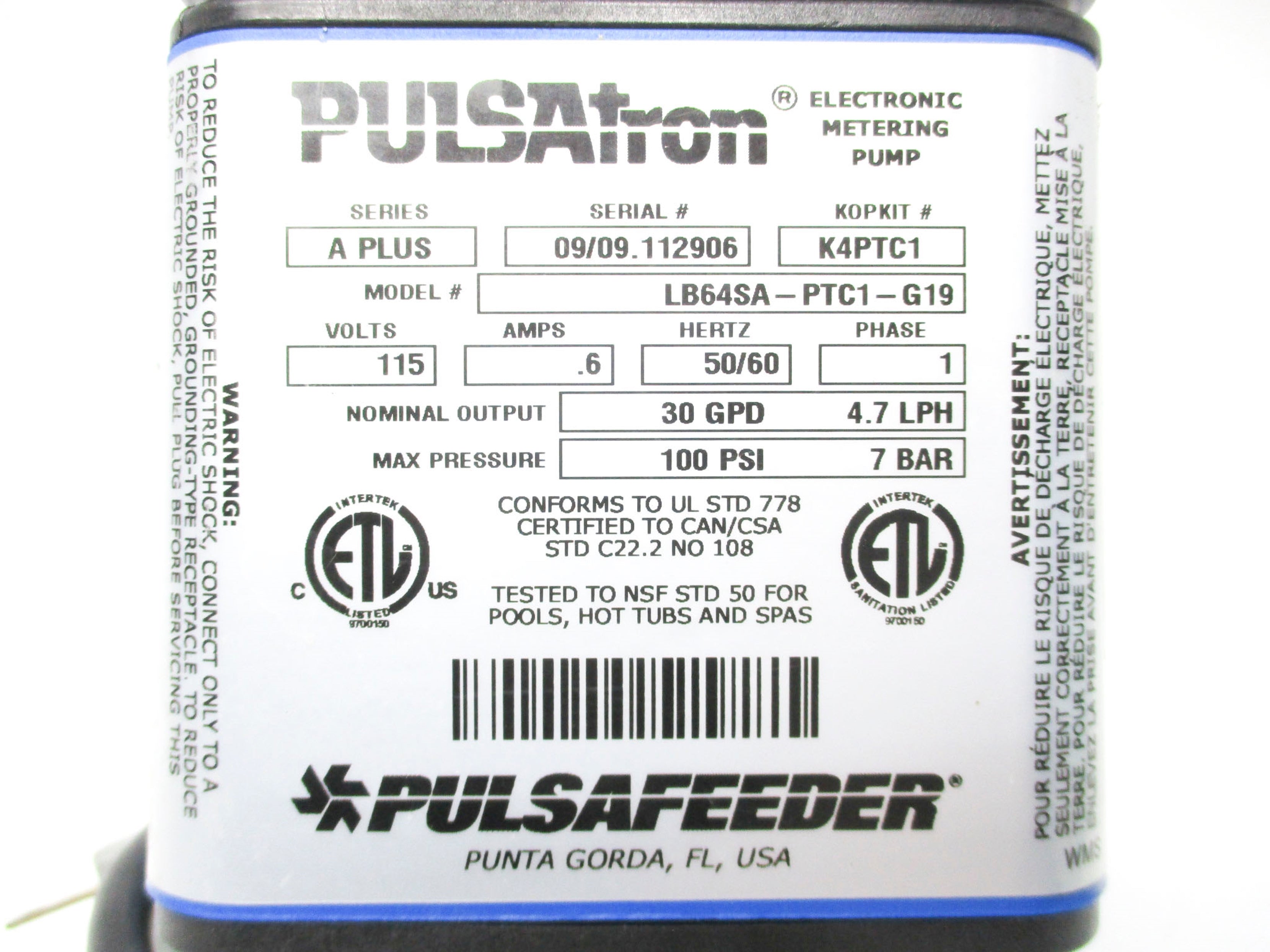 PULSAFEEDER LB64SA-PTC1-G19 115VAC .6A 100PSI UNMP