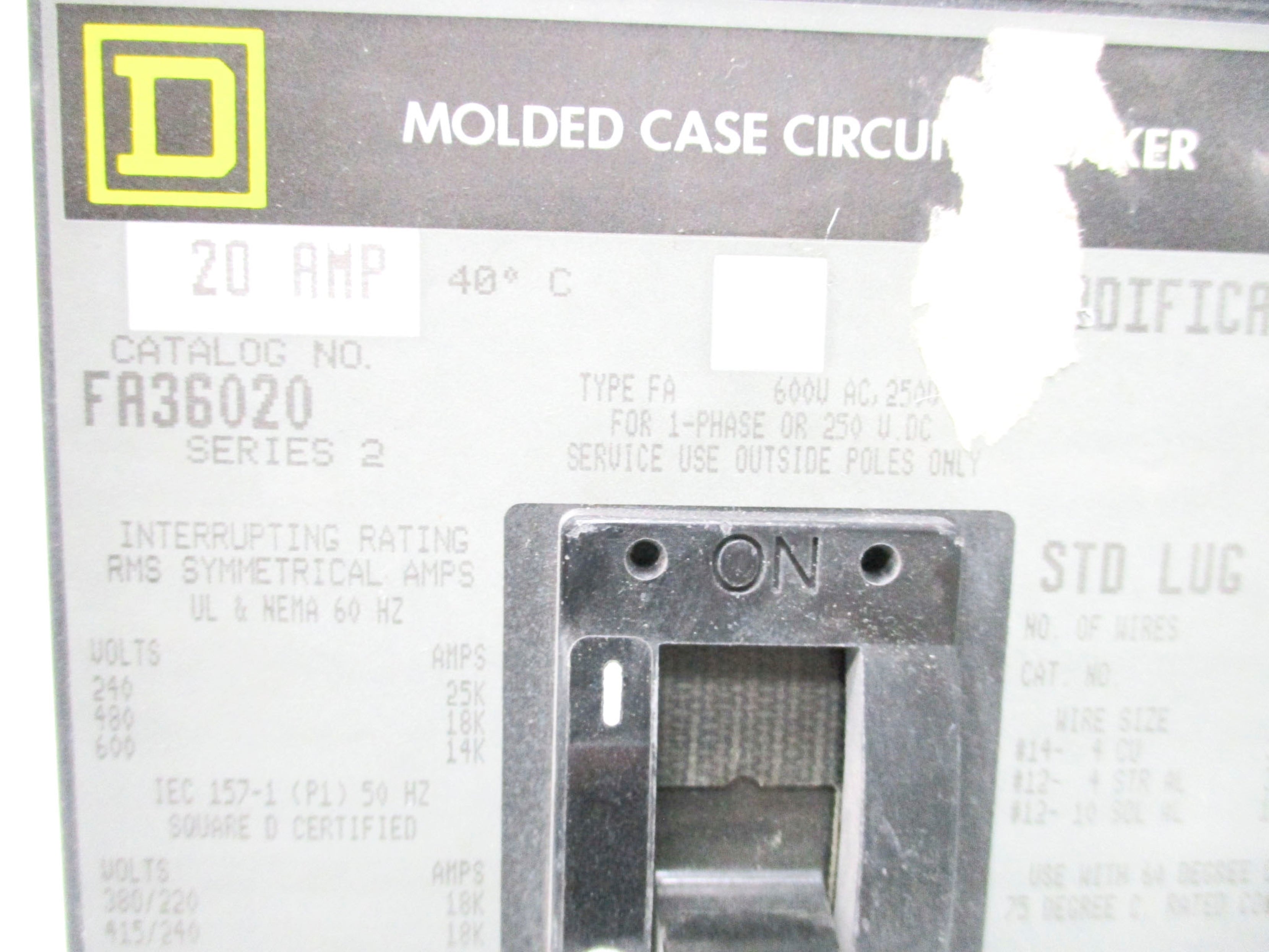 SQUARE D FA36020 600VAC 20A (GREY) UNMP