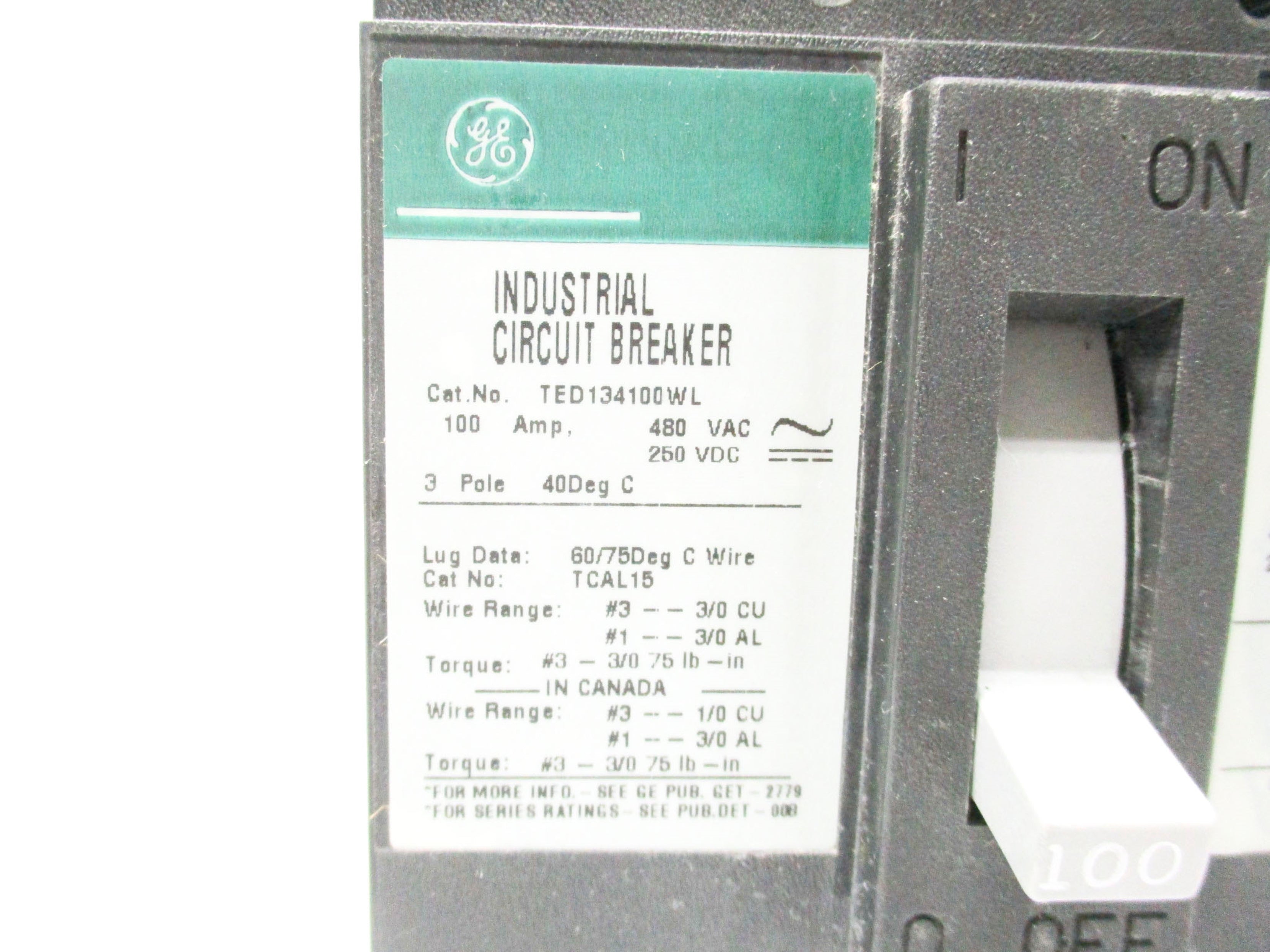 GENERAL ELECTRIC TED134100WL 480VAC 100A UNMP