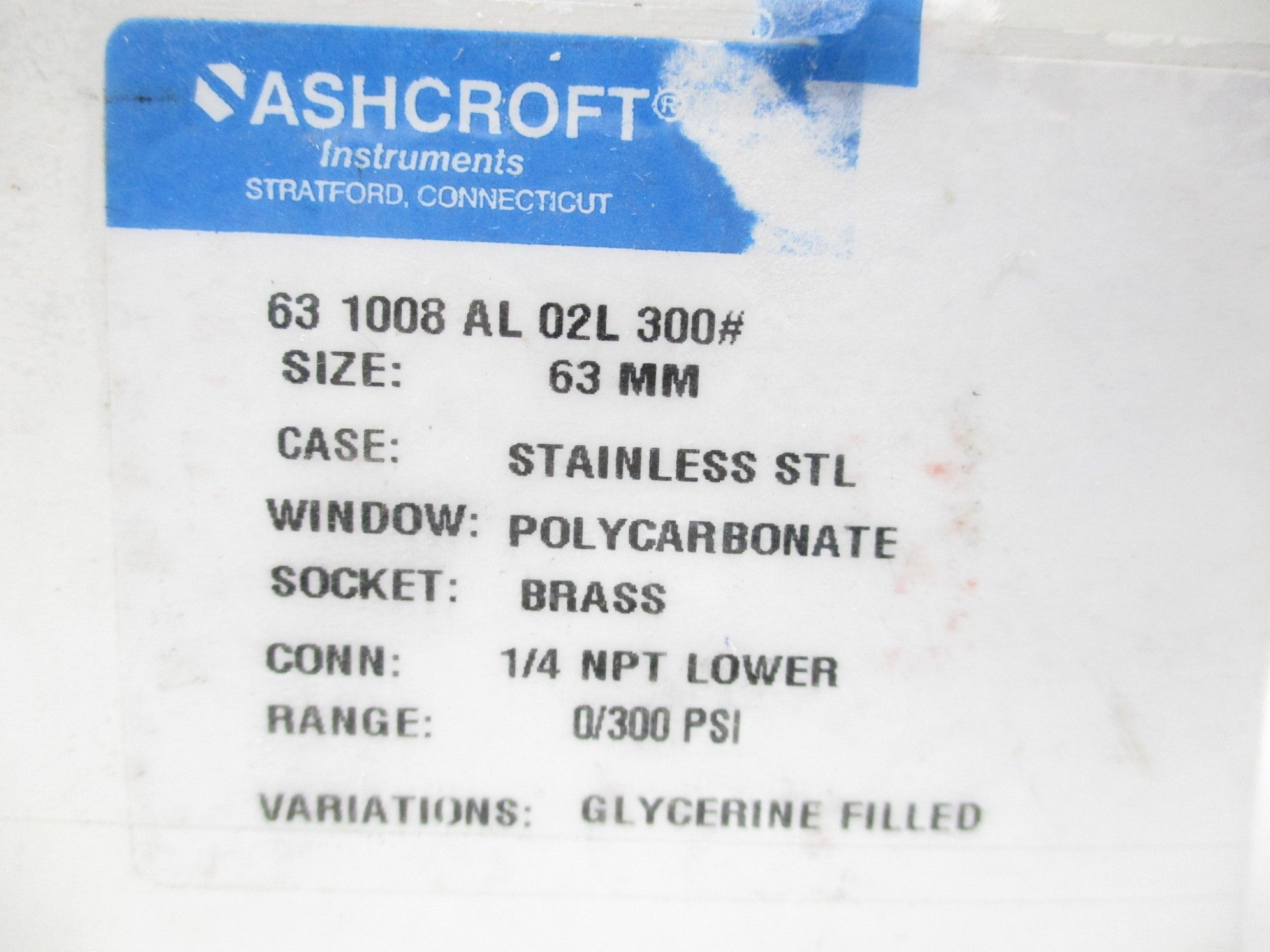 ASHCROFT 631008AL02L300# 0-300 PSI NSMP