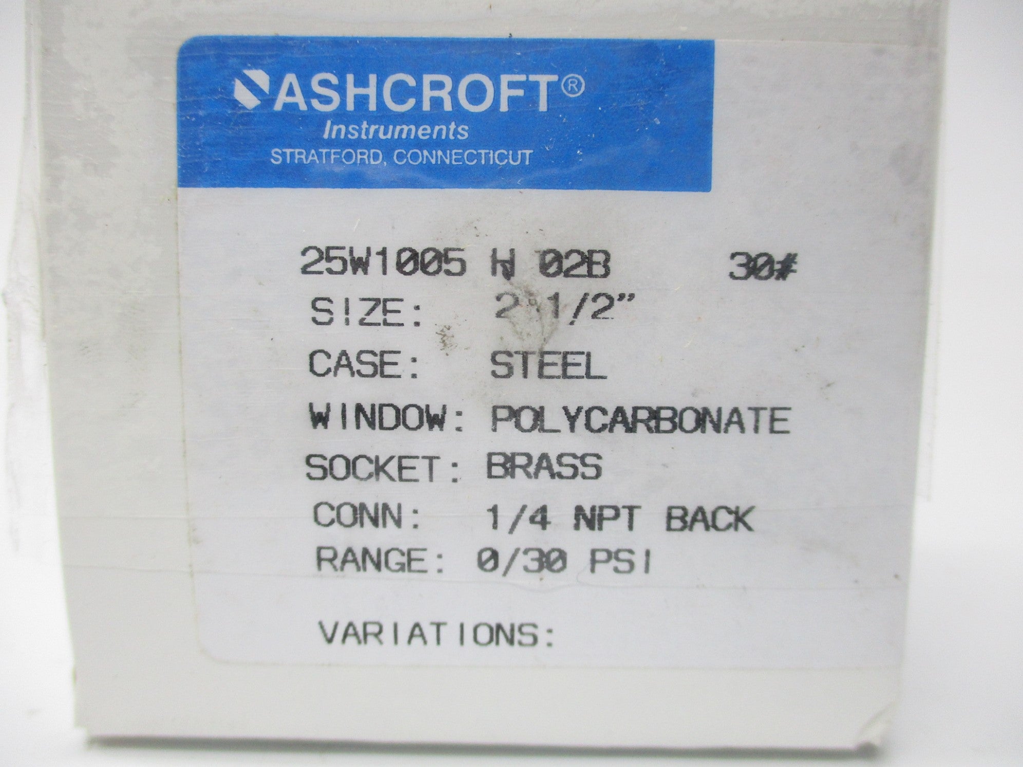 ASHCROFT 25W1005H02B30# 0-30PSI NSMP