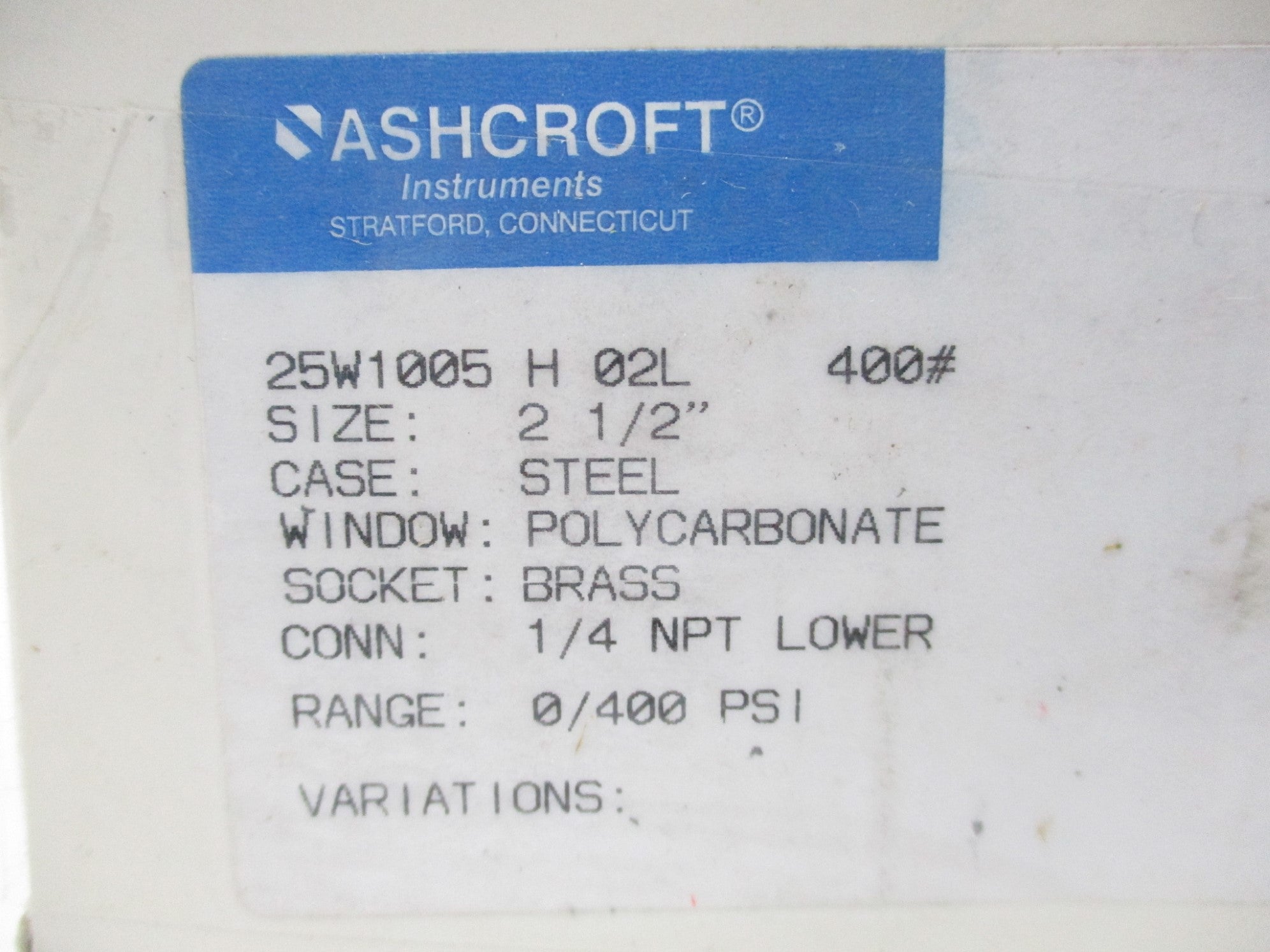 ASHCROFT 25W1005H02L400# 0-400PSI 2-1/2" NSMP