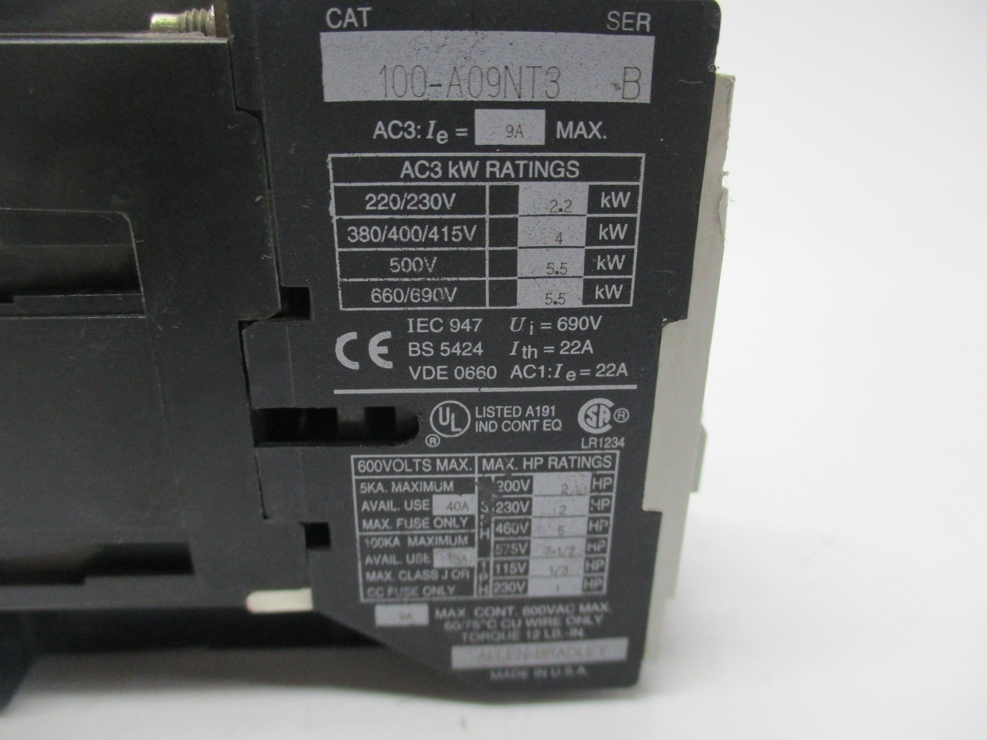 ALLEN BRADLEY 100-A09NT3 220V SER. B NSNP