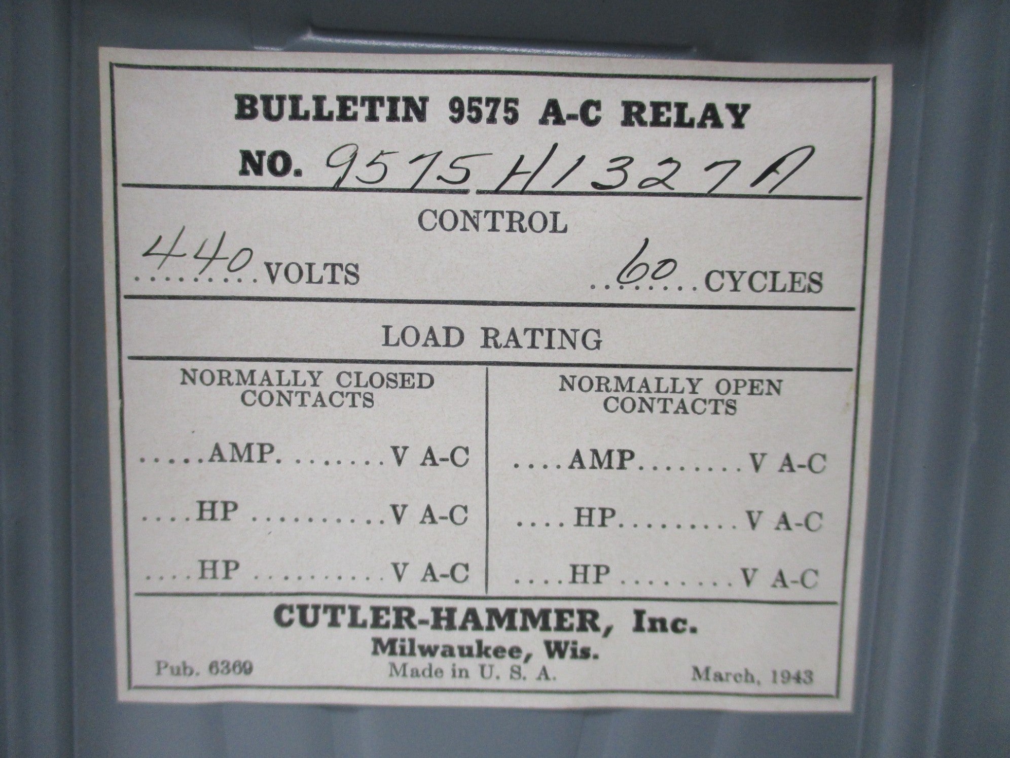 CUTLER HAMMER 9575H1327A 440V NSNP