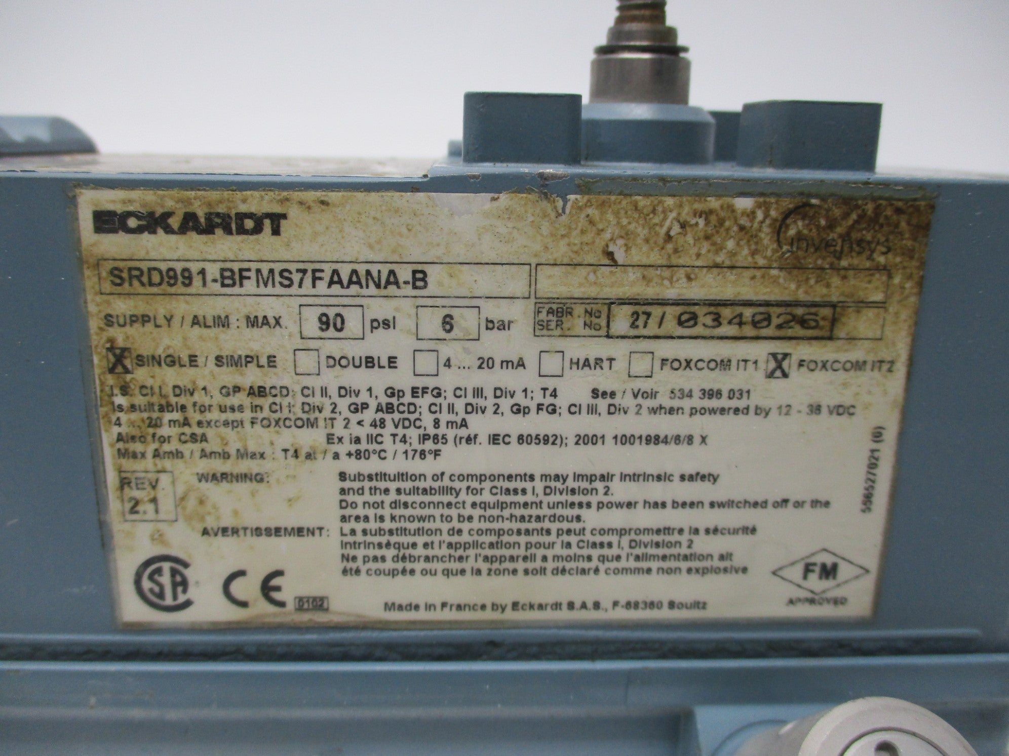 FOXBORO SRD991-BFMS7FAANA-B 90PSI UNMP