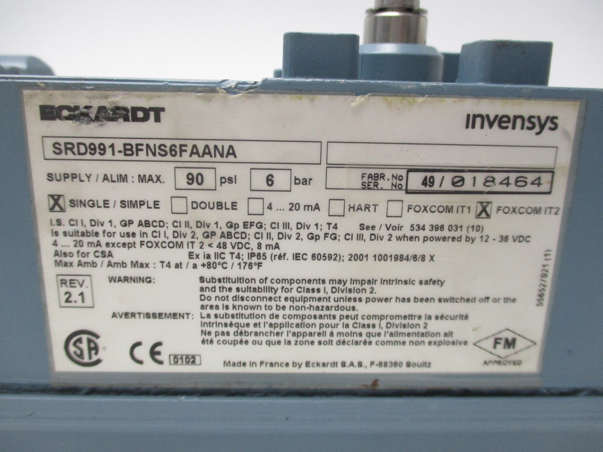 FOXBORO SRD991-BFNS6FAANA 90PSI UNMP