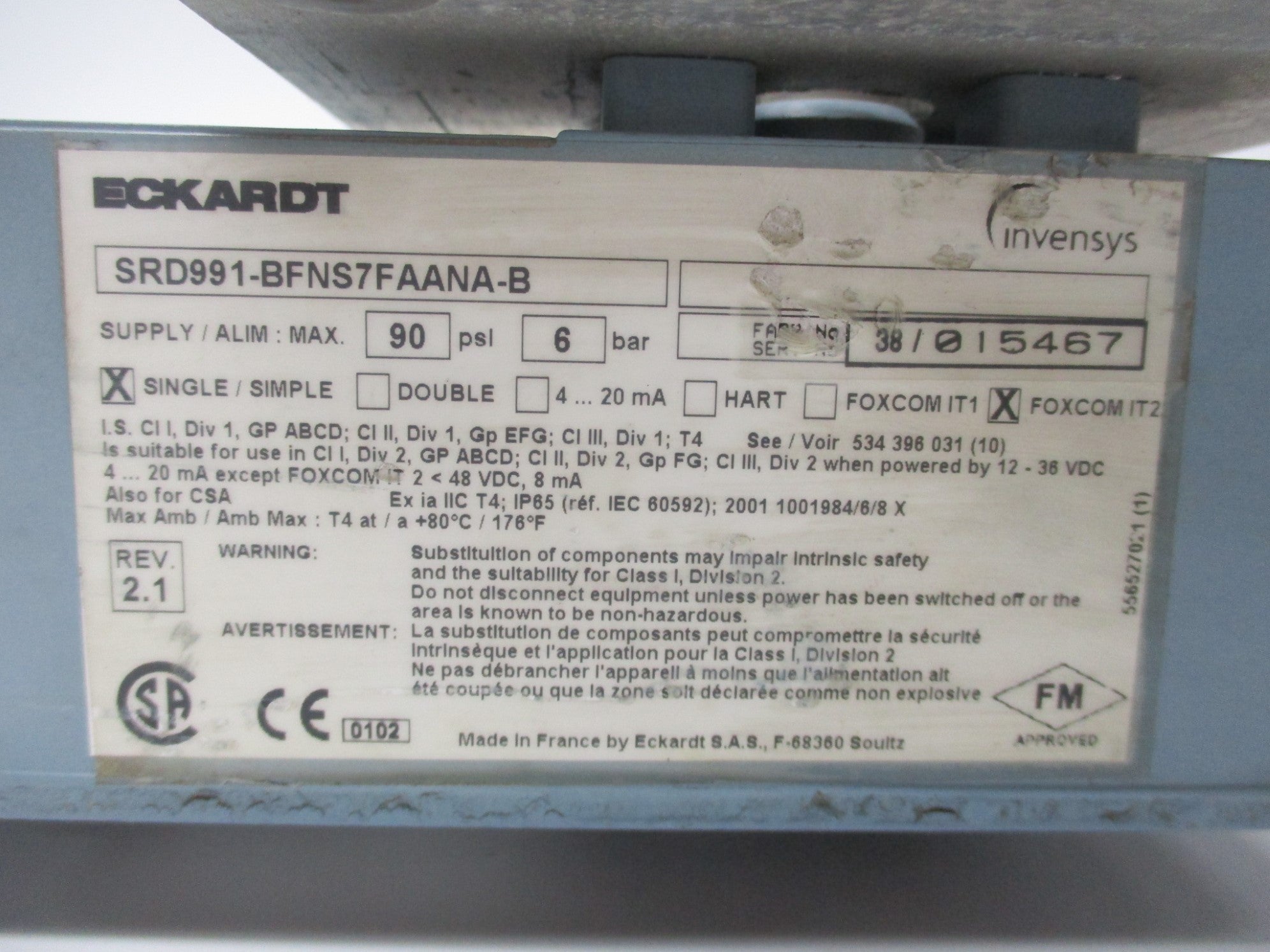 FOXBORO SRD991-BFNS7FAANA-B 90PSI (NO COVER) UNMP