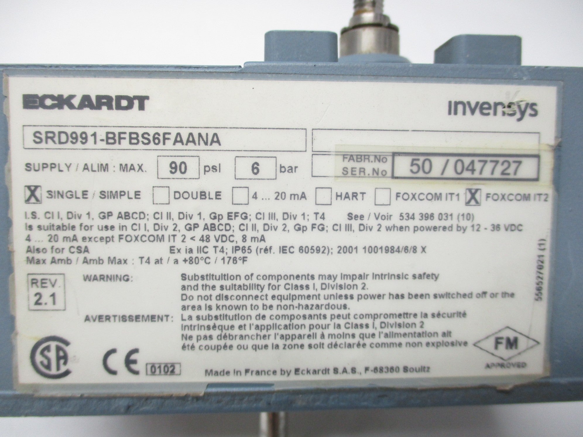 FOXBORO SRD991-BFBS6FAANA 90PSI (AS PICTURED) UNMP