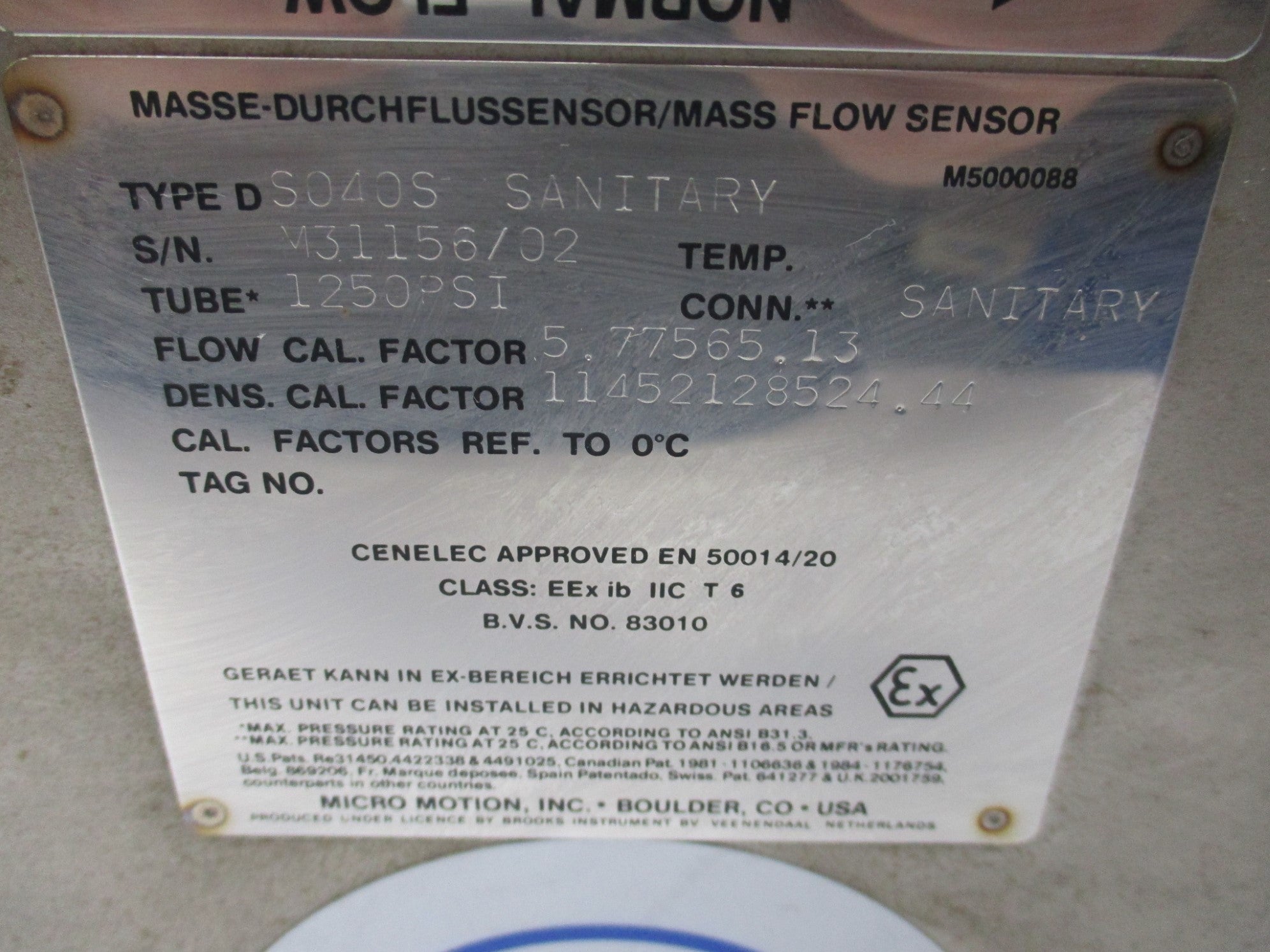 MICRO MOTION DS040S 1250PSI UNMP