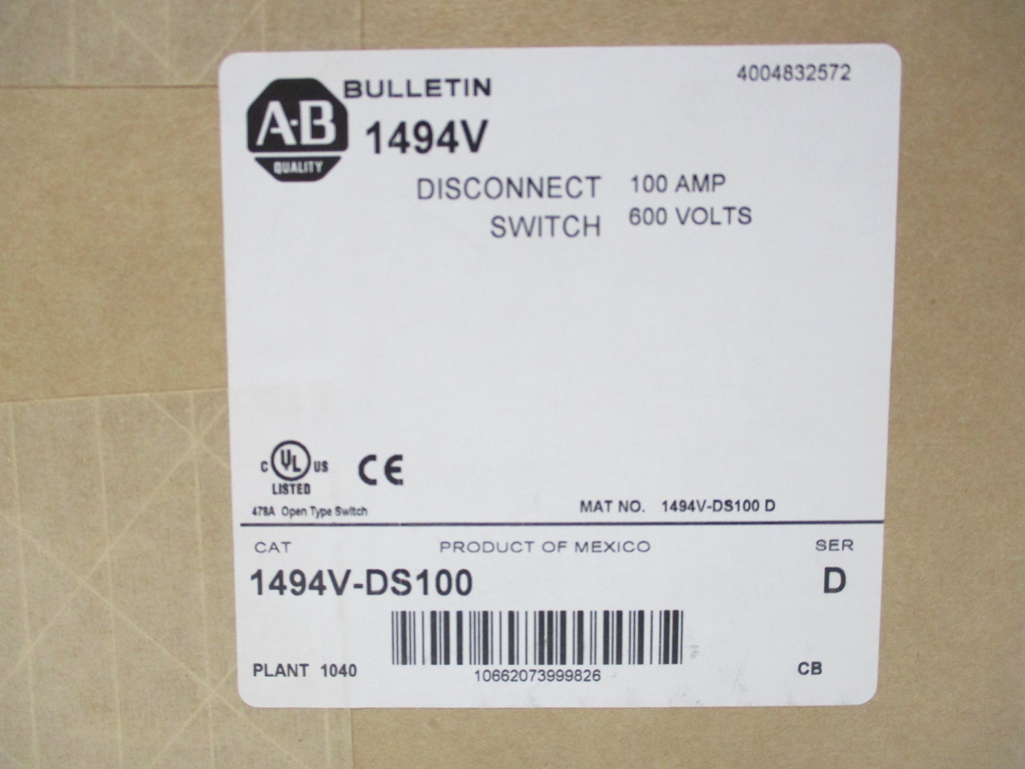 ALLEN BRADLEY 1494V-DS100 SER. D (BR/WH) NSFS
