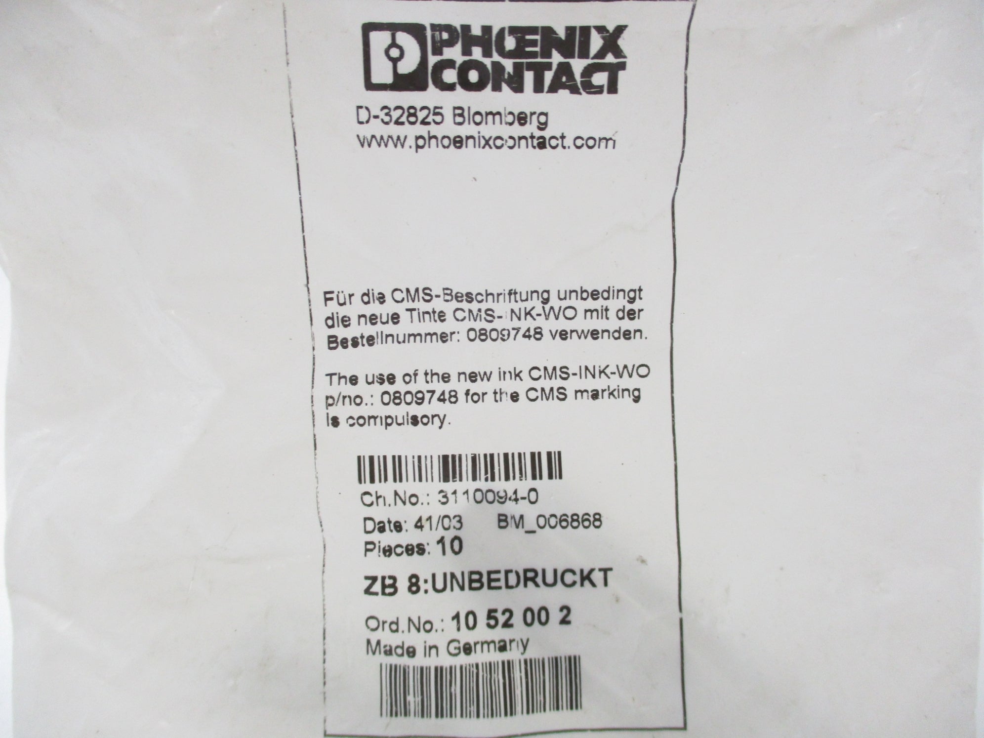 PHOENIX CONTACT ZB8:UNBEDRUCKT (PKG OF 10) NSMP