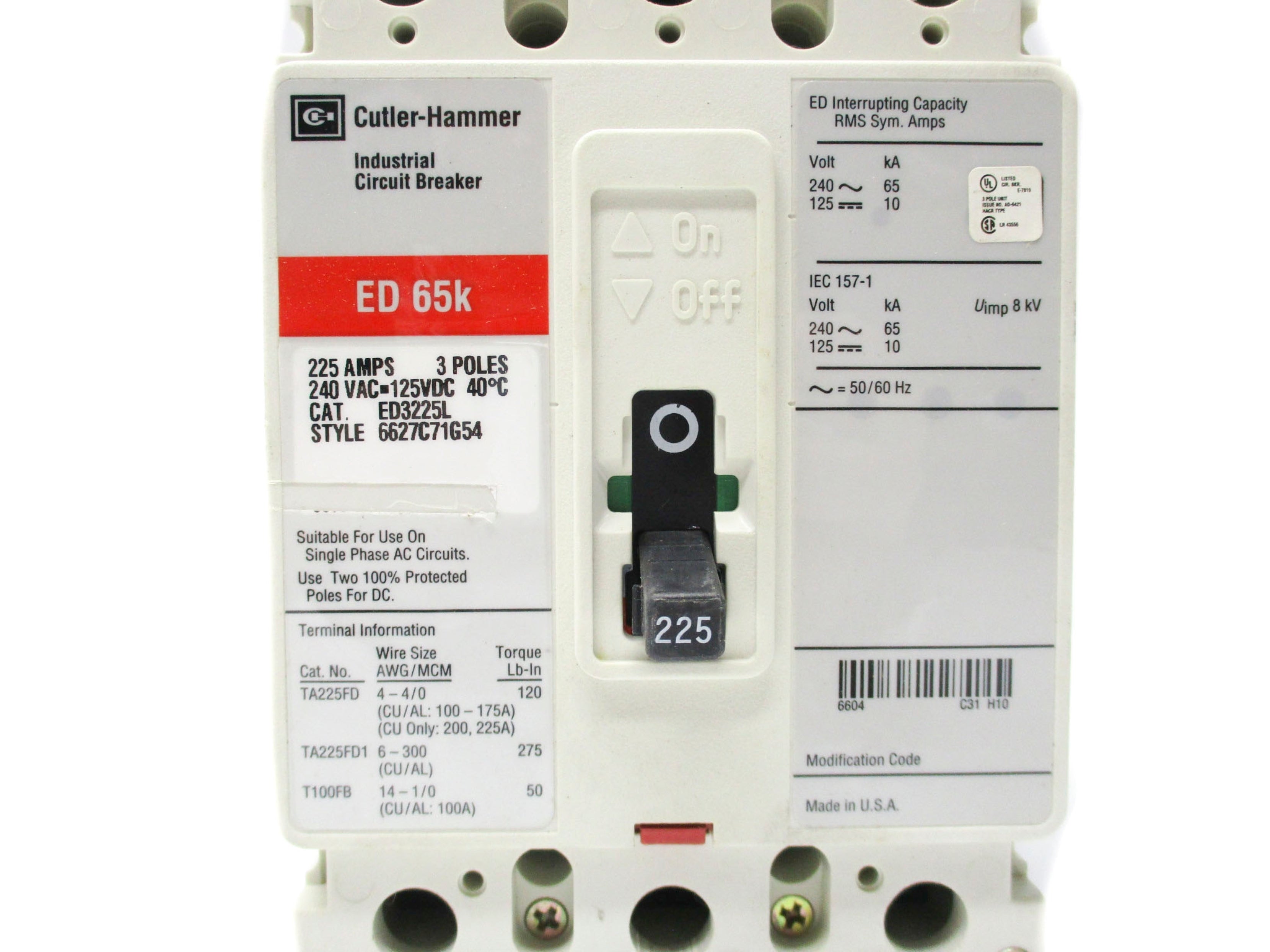 CUTLER HAMMER ED3225L SER.C 6627C71G54 240VAC 225A NSMP