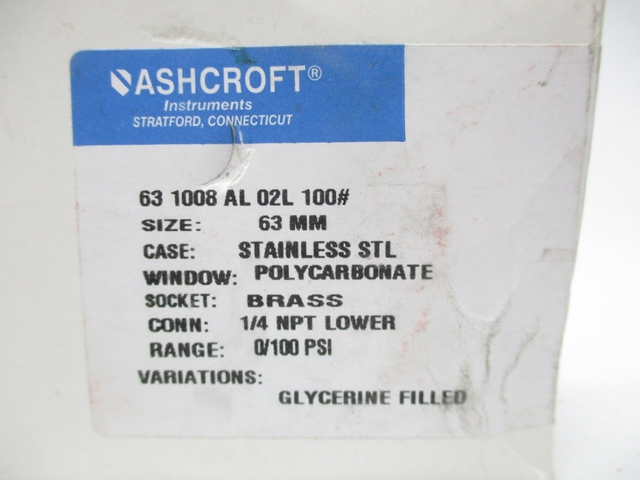 ASHCROFT 631008AL02L100# 0-100PSI 63MM NSMP