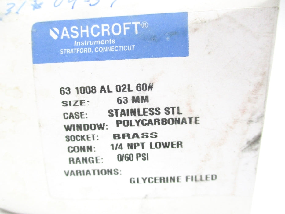 ASHCROFT 631008AL02L-60# 0-60 PSI NSMP