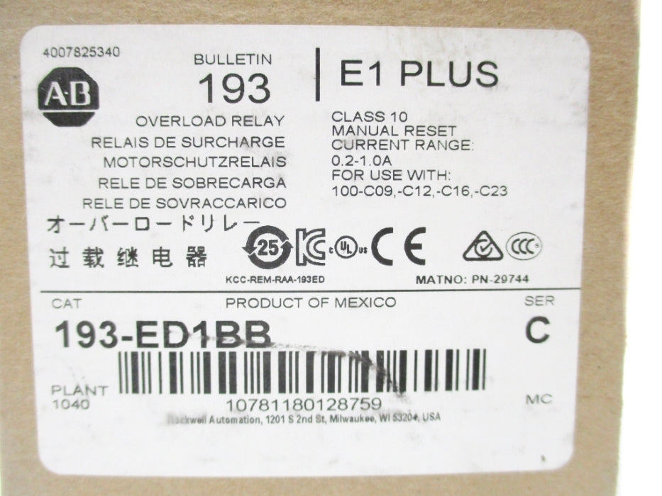 ALLEN BRADLEY 193-ED1BB SER. C 600V 0.2-1.0A (BR/WH) NSMP