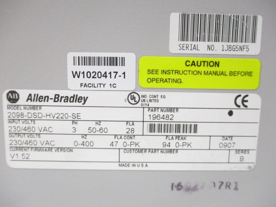 ALLEN BRADLEY 2098-DSD-HV220-SE SER. B F/W 1.52 REMAN