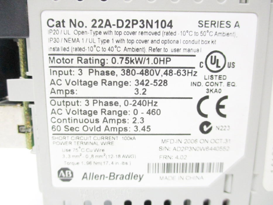 INDUSTRIAL SPARE PART 22A-D2P3N104 SER. A F/W 4.02 (AS PICTURED) UNMP