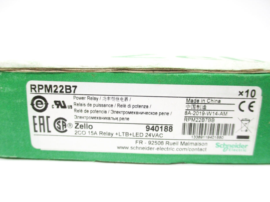 SCHNEIDER ELECTRIC RPM22B7 (PKG OF 10) 15A 24VDC NSMP