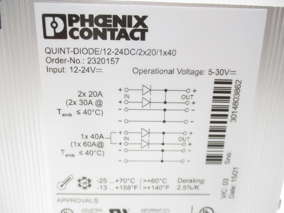 PHOENIX CONTACT QUINT-DIODE/12-24DC/2X20/1X40 2320157 12-24VDC 40A UNMP