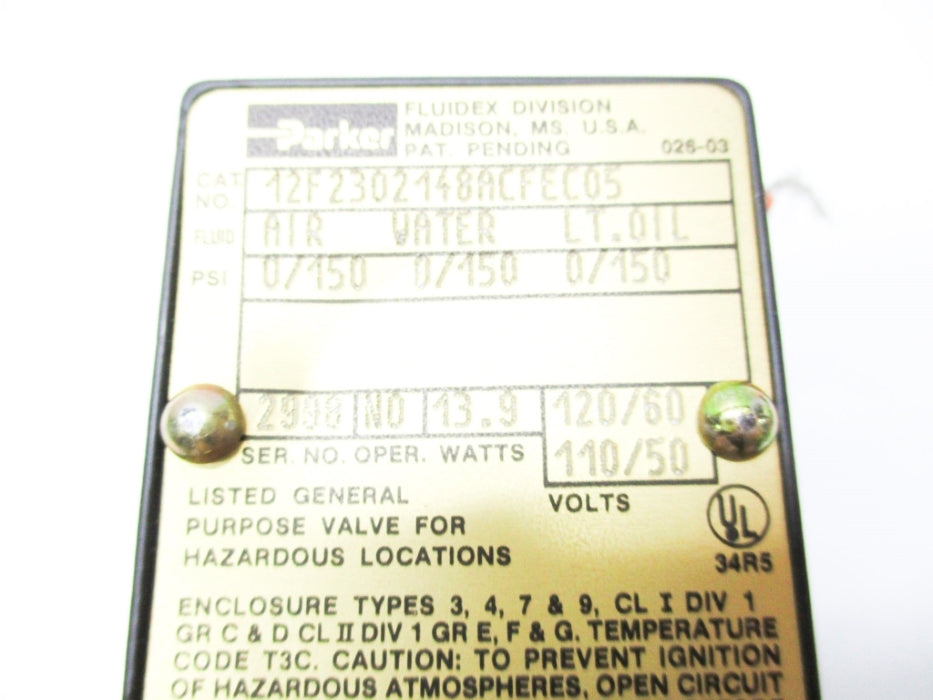PARKER 12F2302148ACFEC05 120V 0/150PSI NSNP