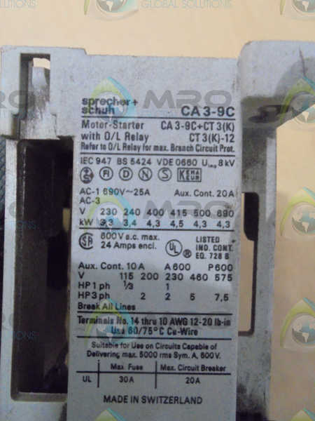 SPRECHER+SCHUH  CA3-9C MOTOR STARTER WITH O/L RELAY  UNMP