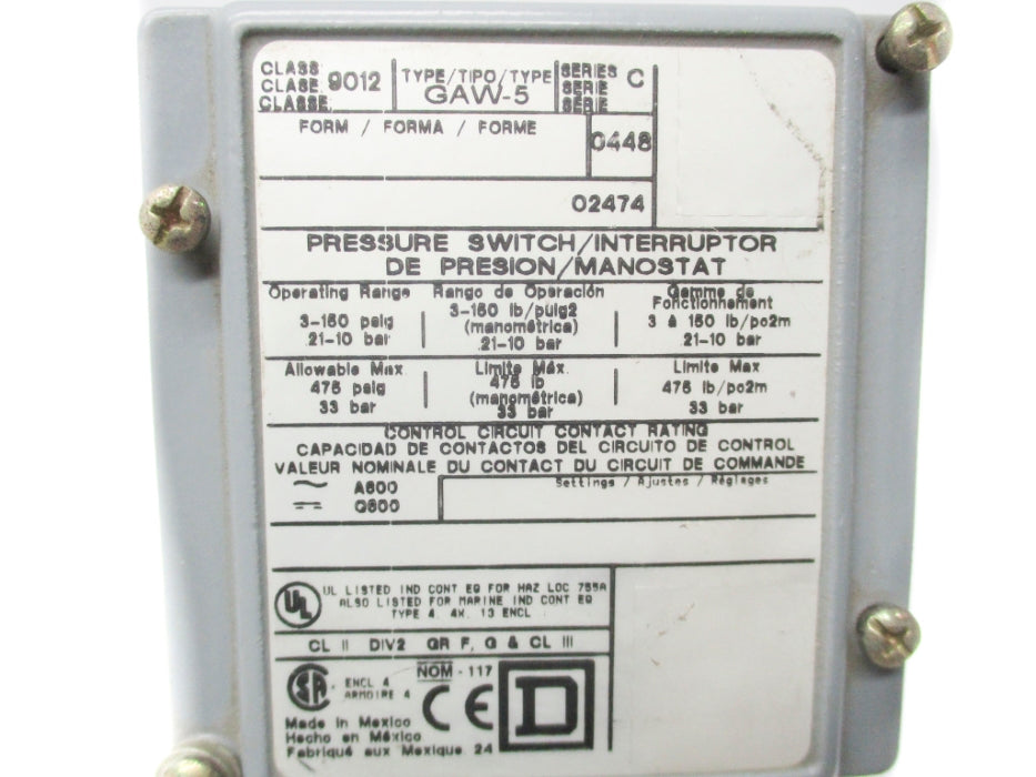SQUARE D 9012GAW5 SER. C 150PSI UNMP