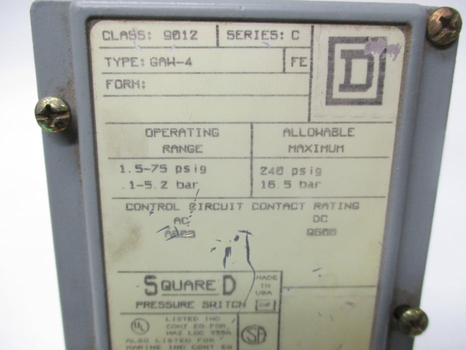 SQUARE D 9012GAW4 SER. C 240PSI UNMP