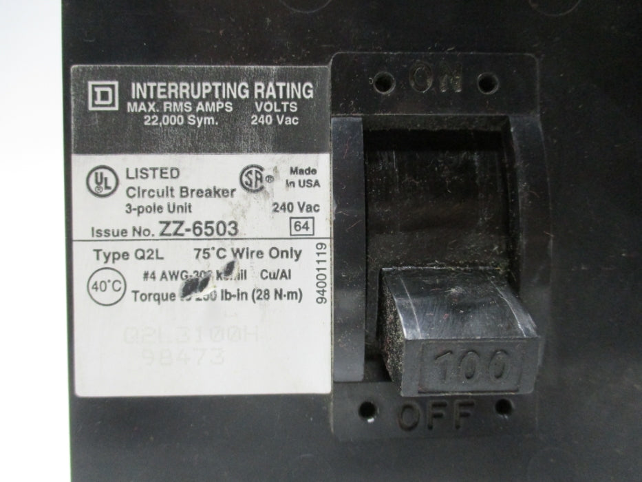 SQUARE D Q2L3100 100A 240VAC UNMP